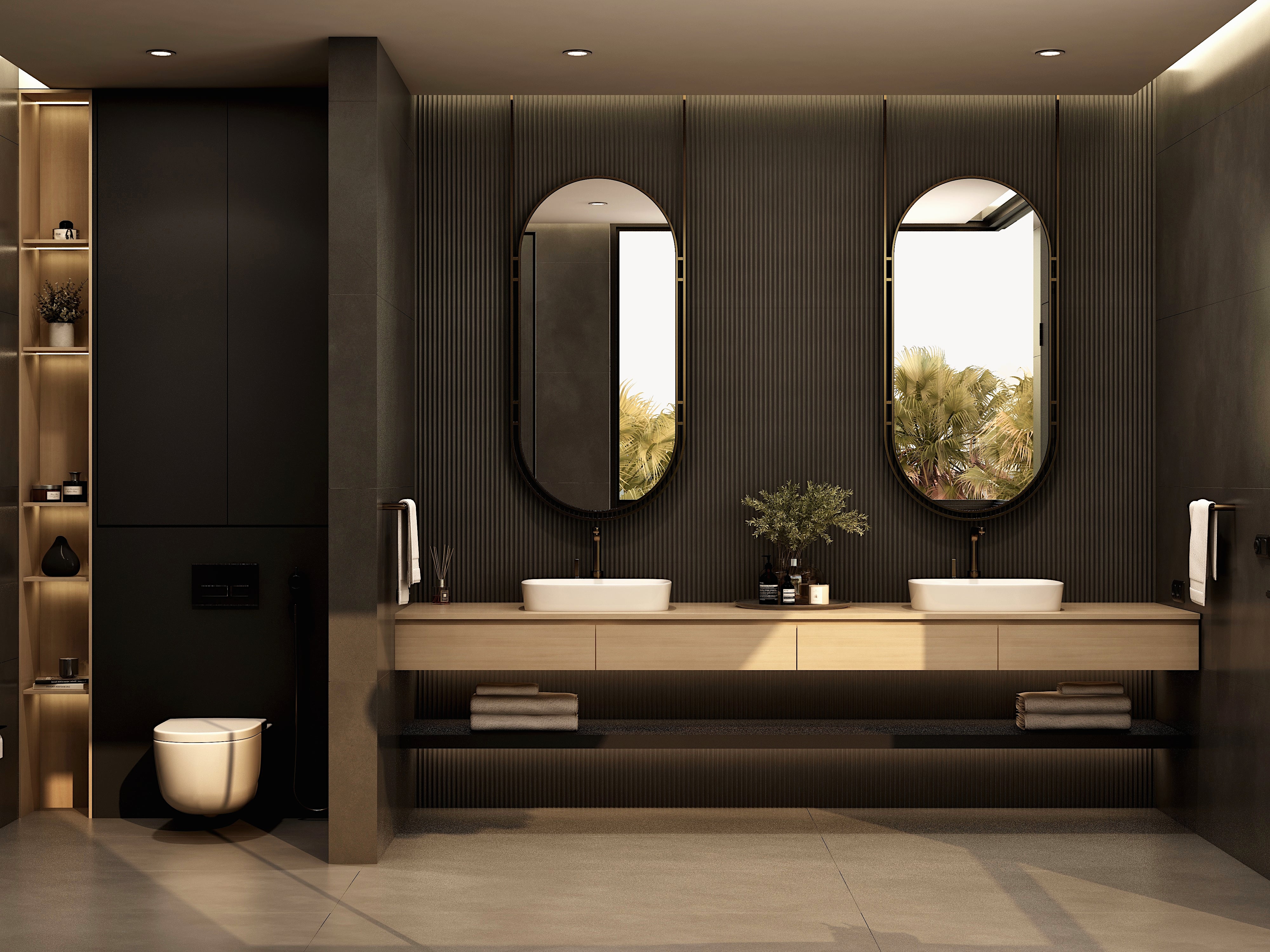Double vanity with paired oval mirrors and integrated storage.
