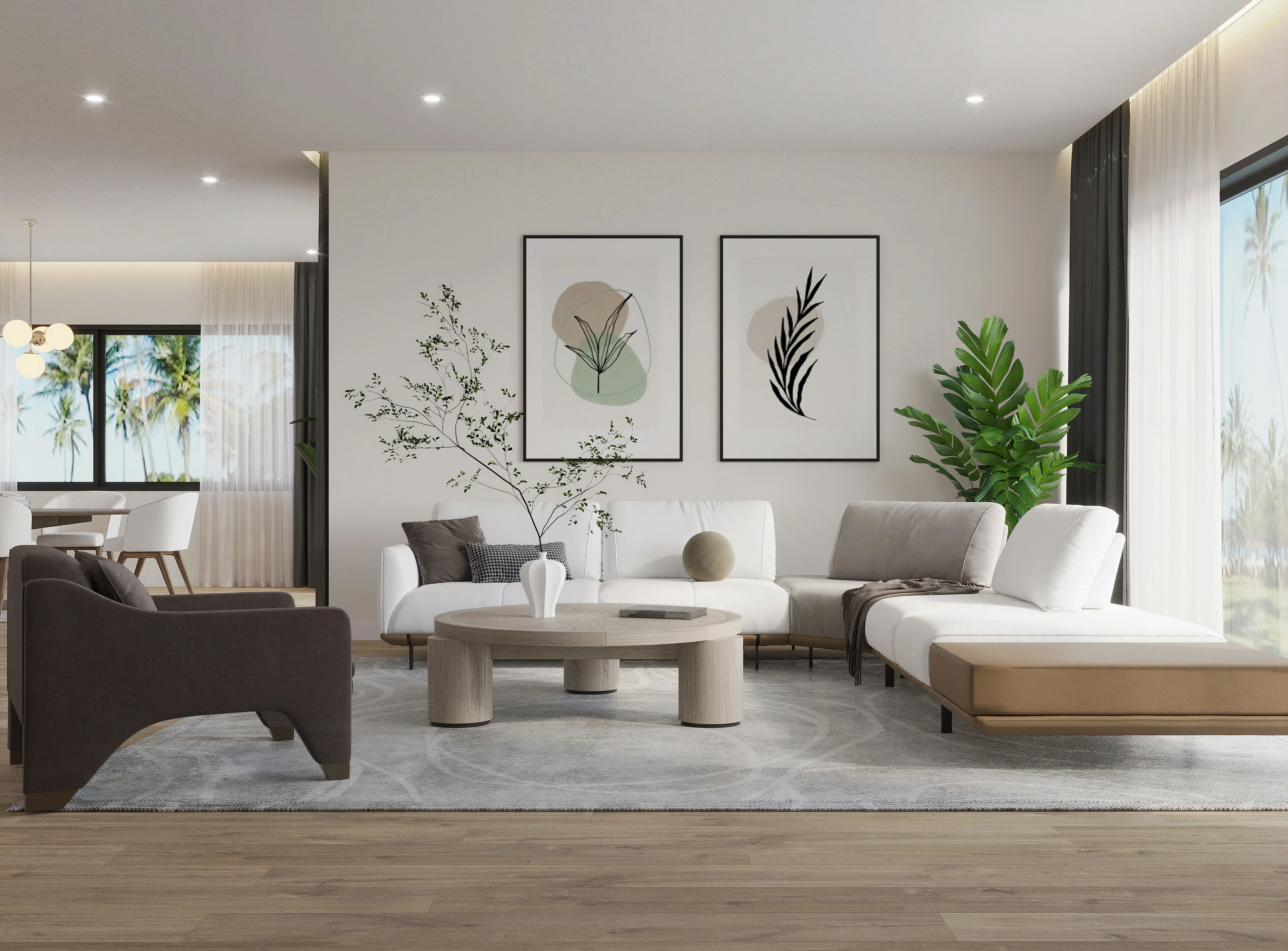Living room with pale seating and framed botanical artwork.