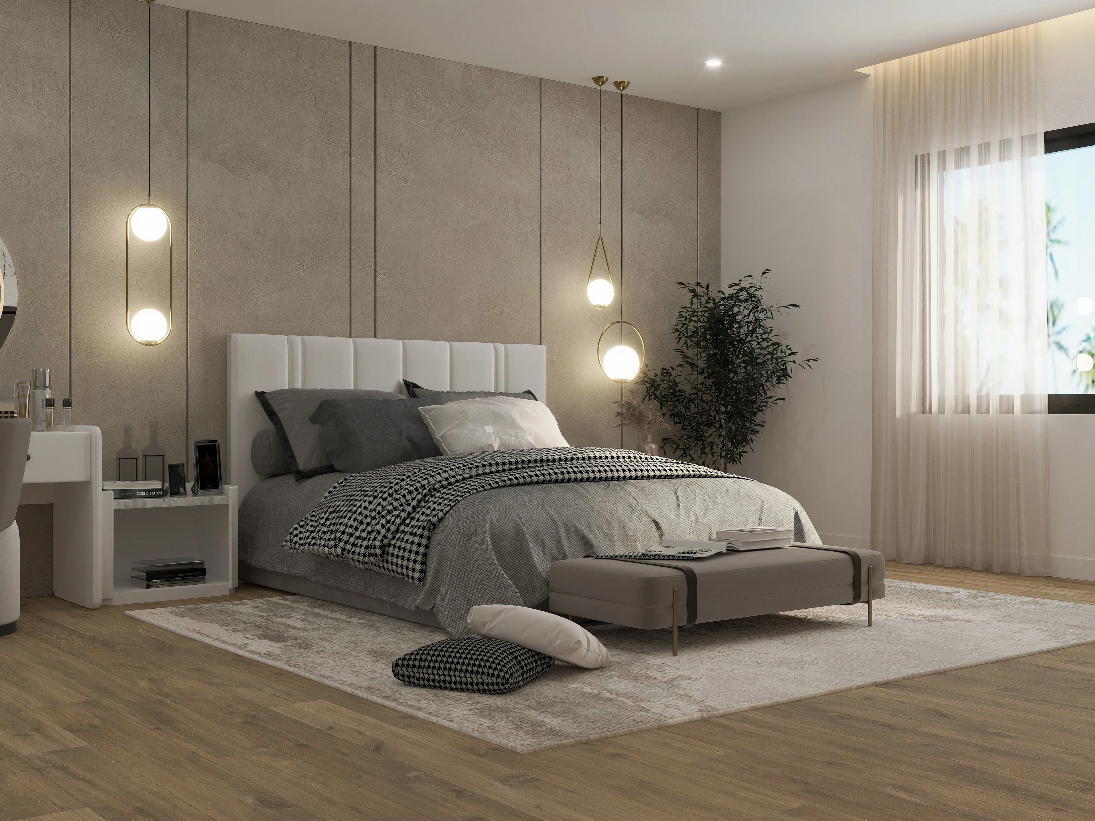 Bedroom with a paneled feature wall and suspended bedside lights.