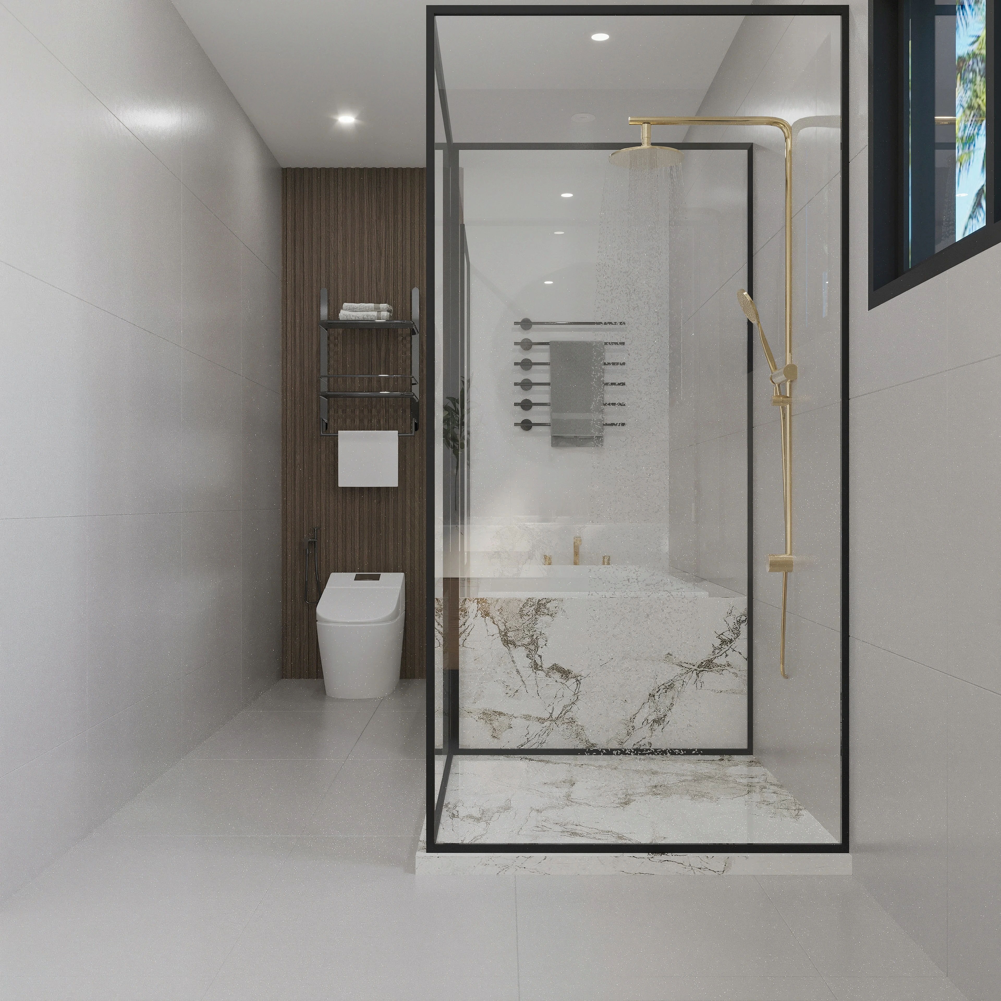 Bathroom with a glass shower enclosure and stone-patterned wall.