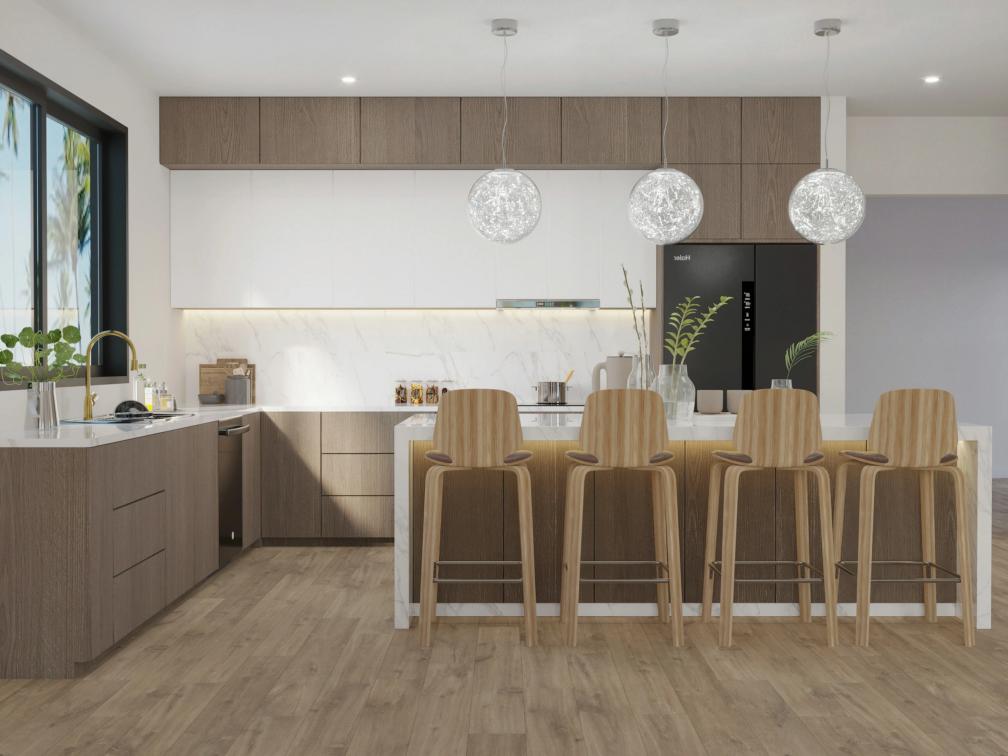 Kitchen island with wood counter stools and round pendant lights.