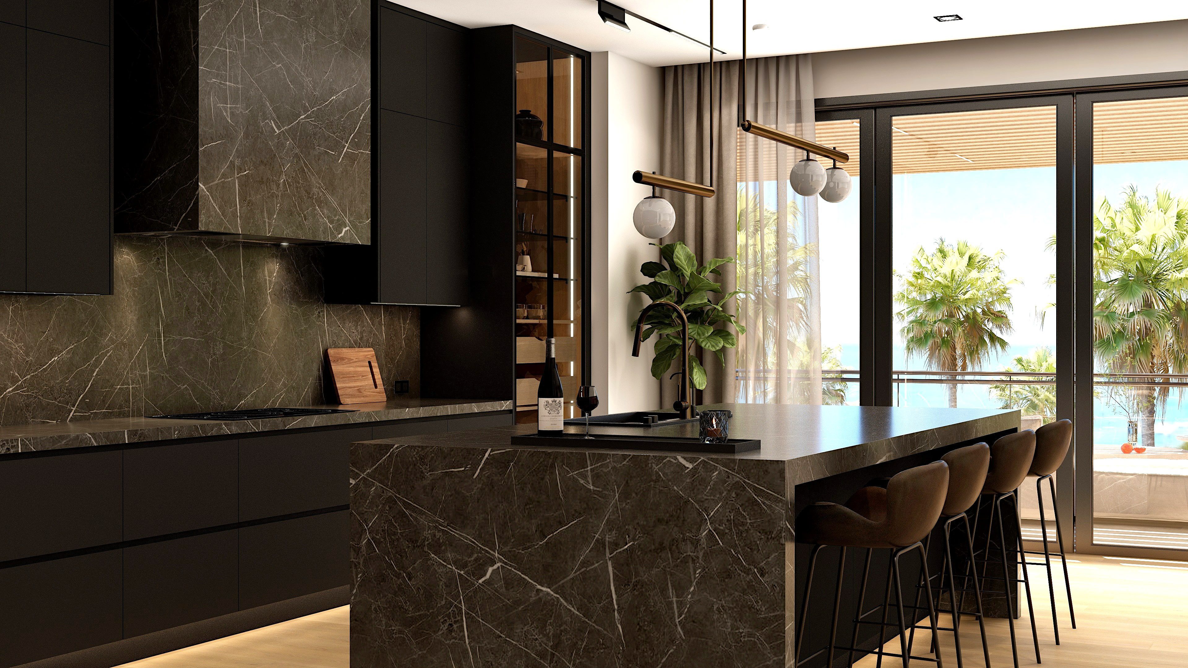 Kitchen island facing large sliding glass doors.