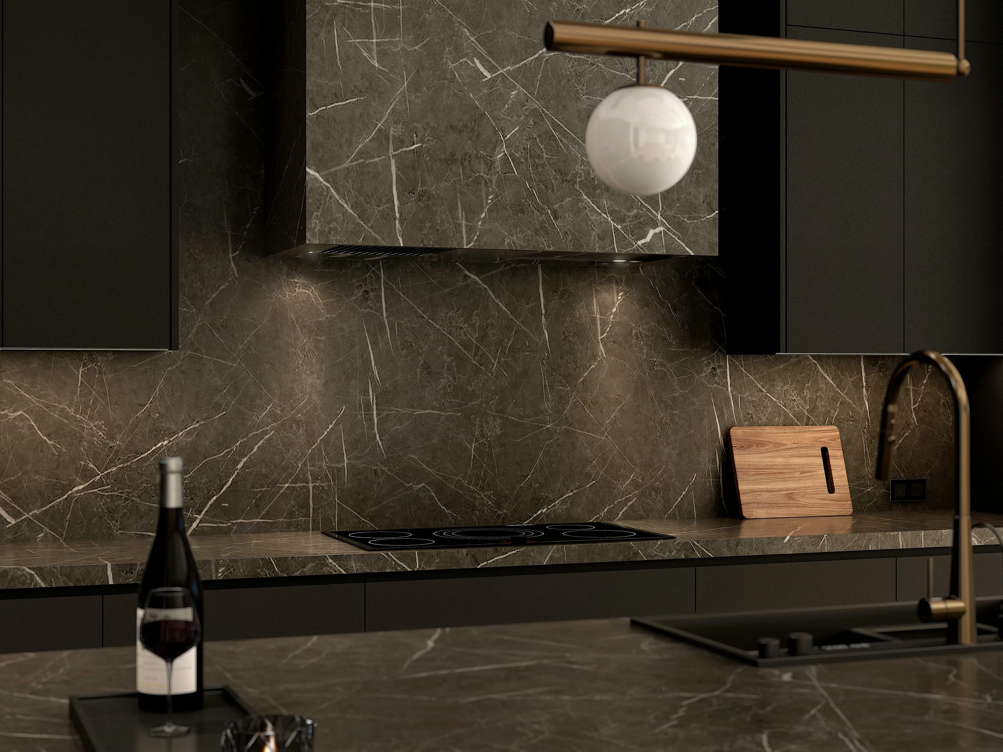 Close view of the stone kitchen backsplash and suspended light.