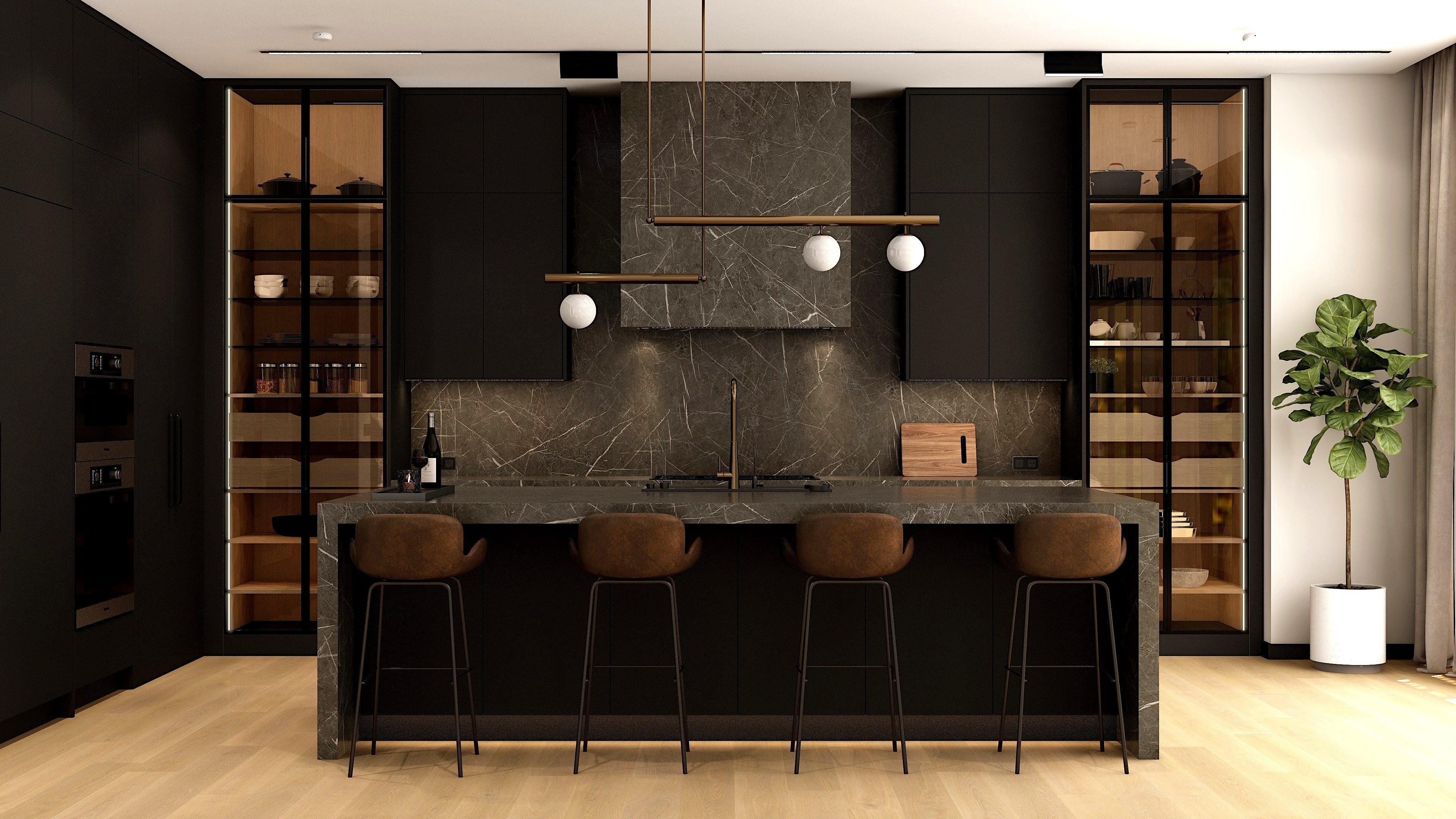 Front view of the dark kitchen island and display cabinets.