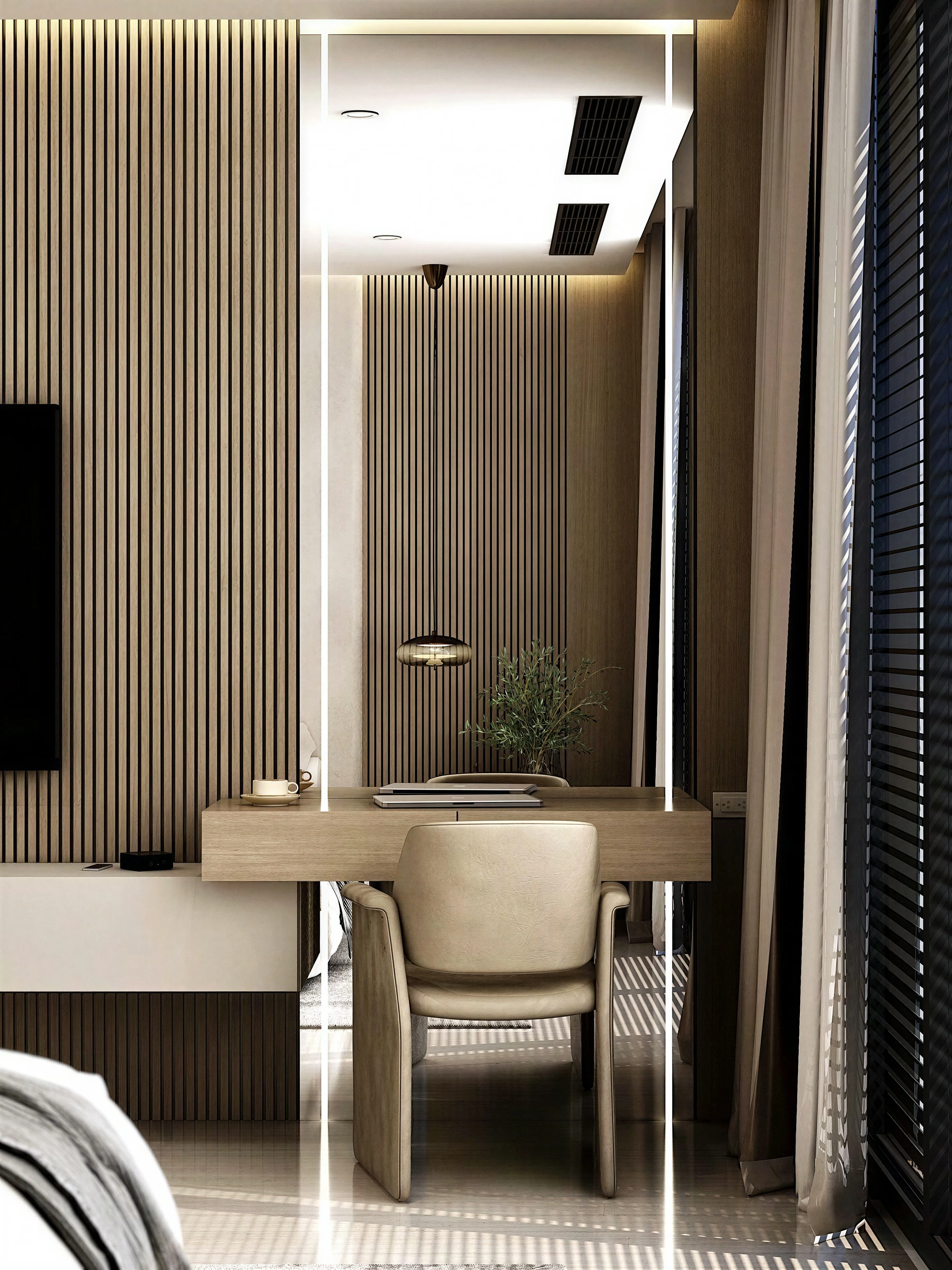Dressing table with an illuminated mirror and upholstered chair.