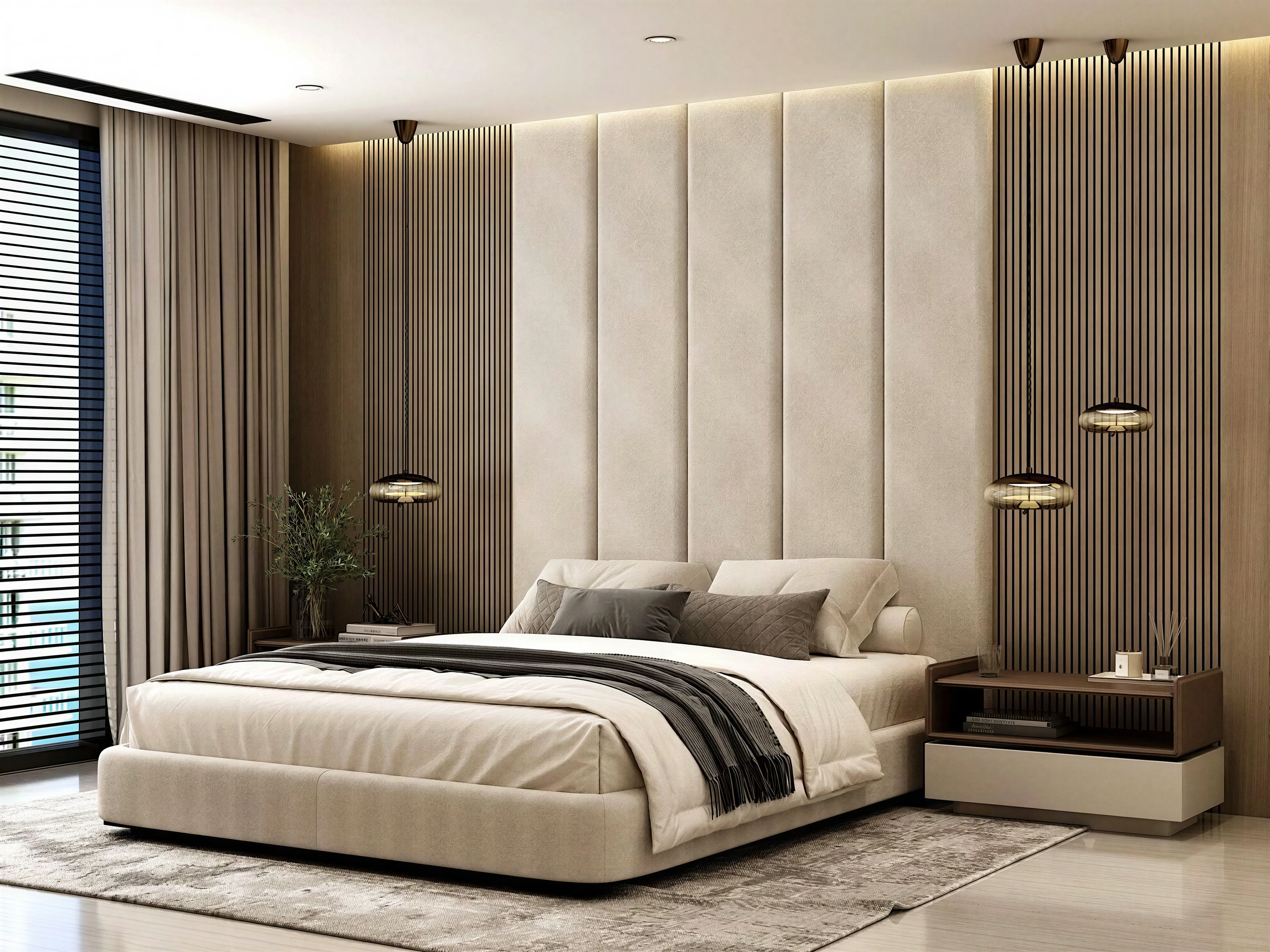 Corner view of the bedroom with wood wall paneling.