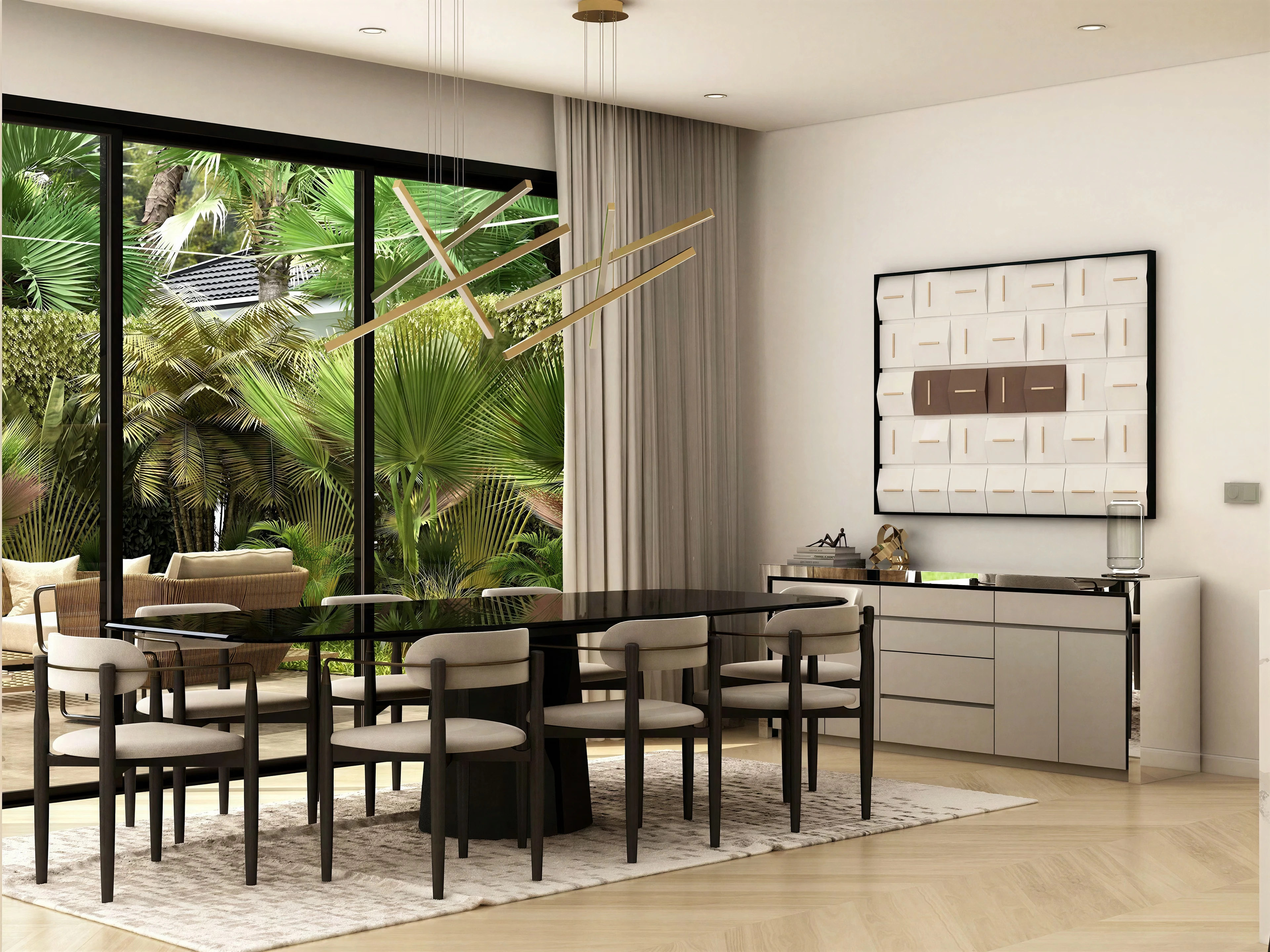 Dining table beside a large garden-facing window.