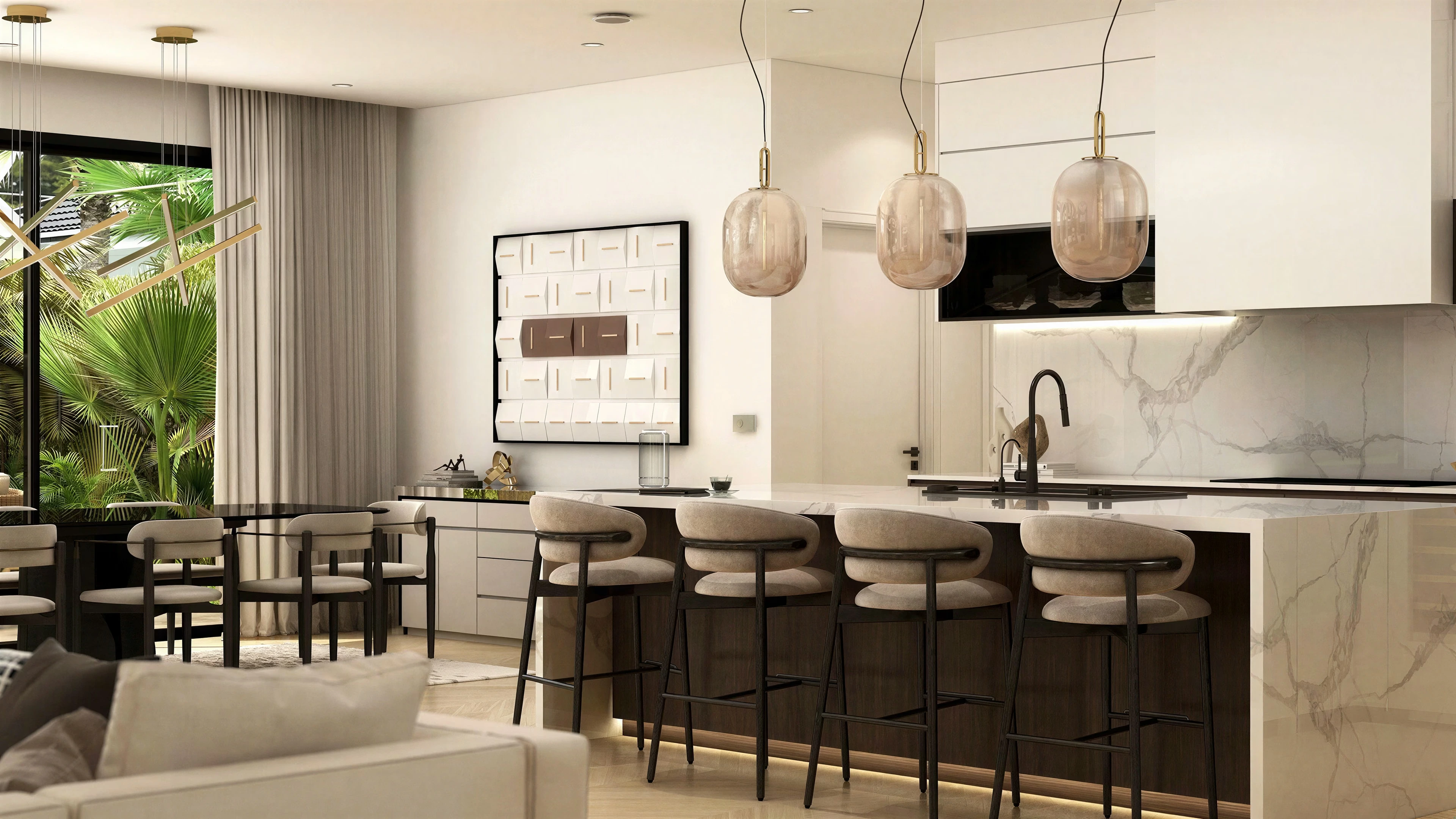 Kitchen island with dark cabinetry and woven pendant shades.