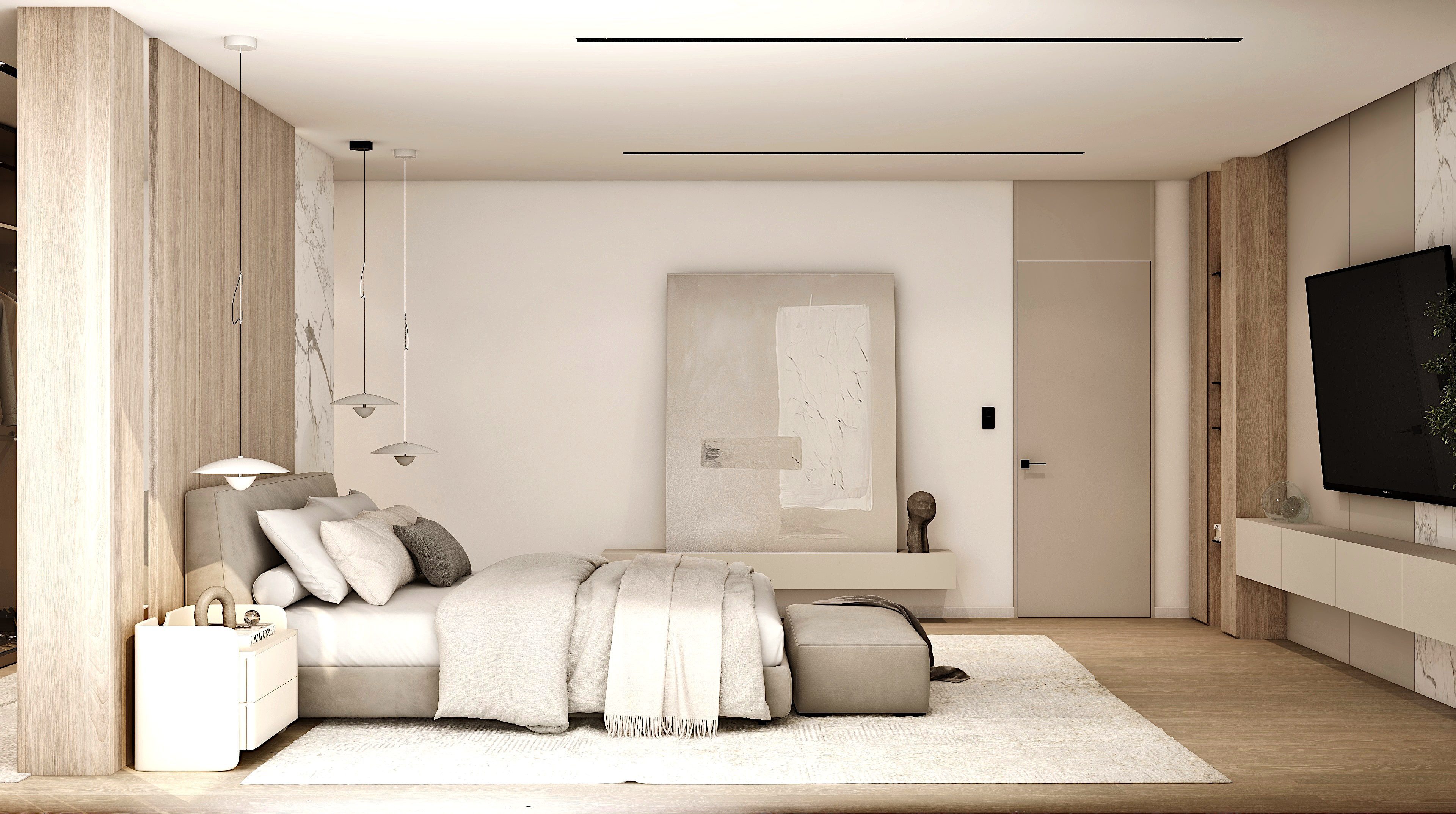 Bedroom viewed toward the entry and television wall.
