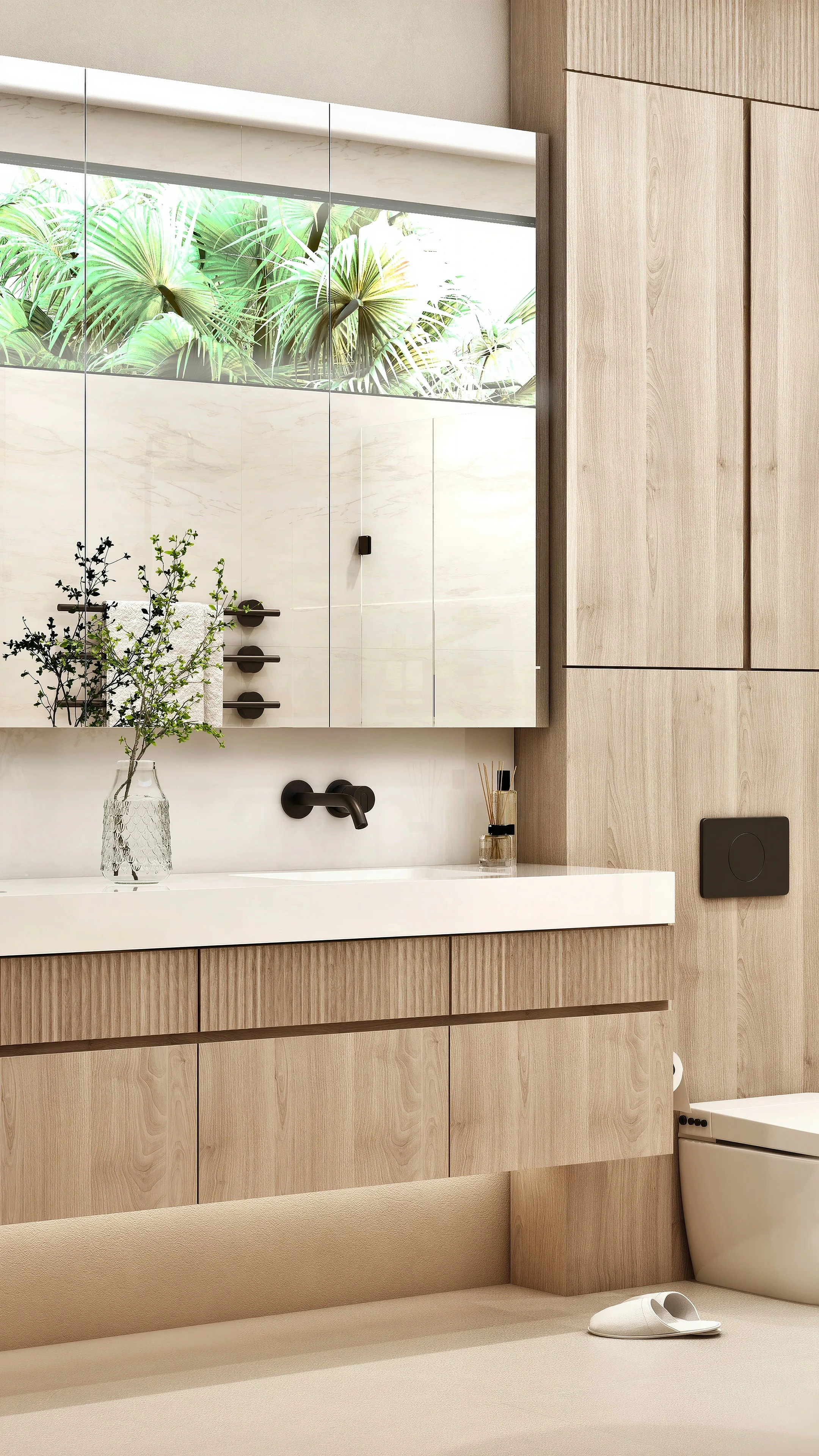 Bathroom vanity with wood cabinetry beneath a broad mirror.