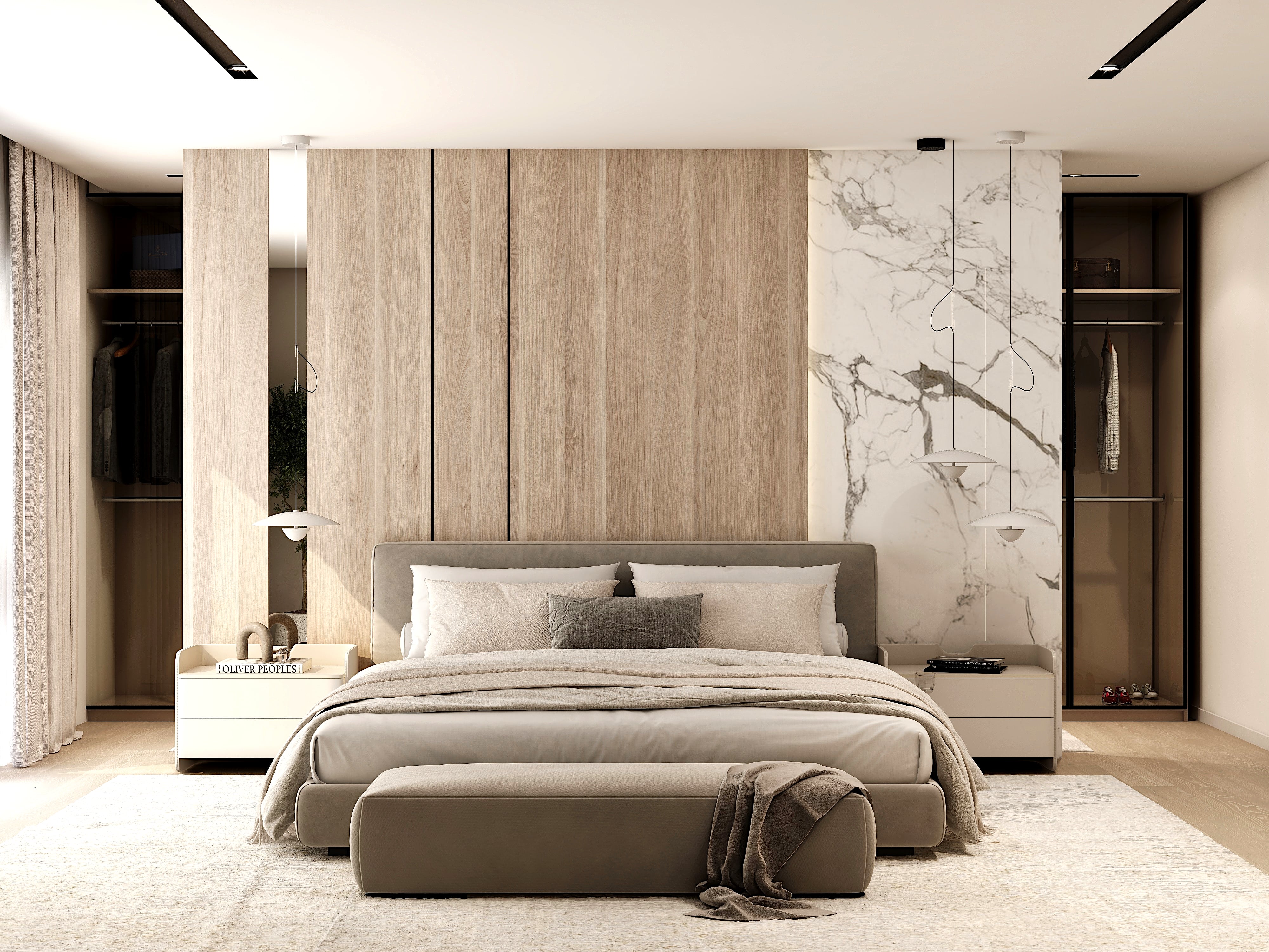 Bedroom with a wood headboard wall and adjacent stone panel.