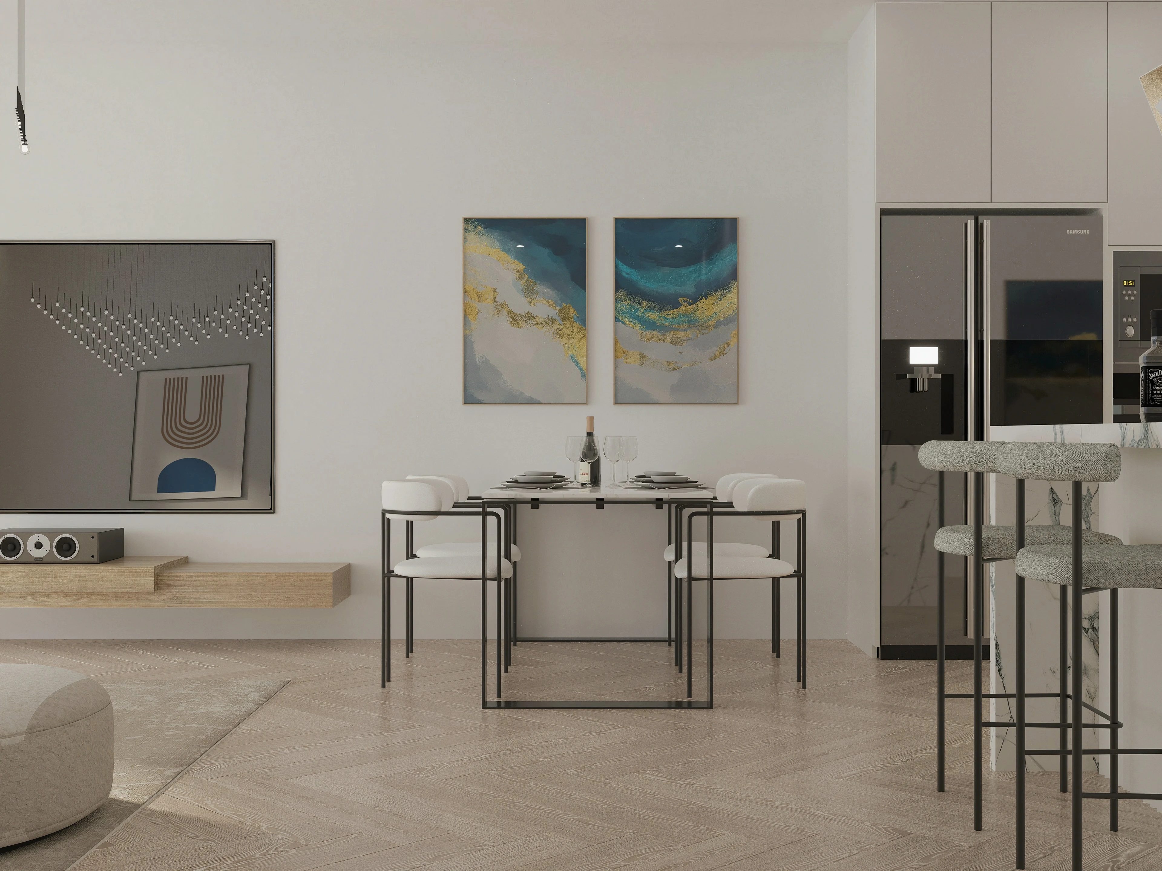 Dining area beside a recessed display niche and kitchen.
