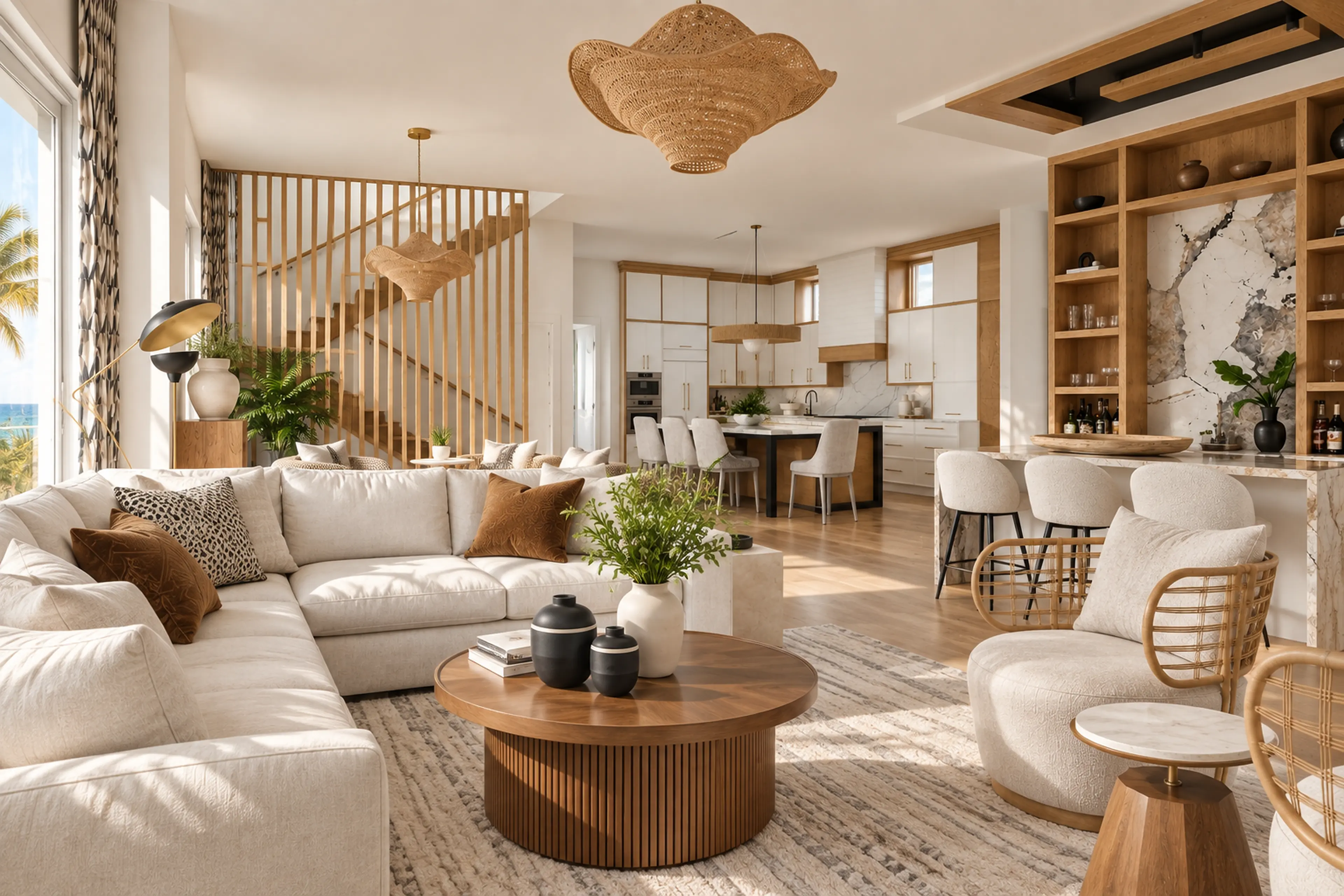 Supplemental reverse living-room view toward the slatted staircase, kitchen and bar.