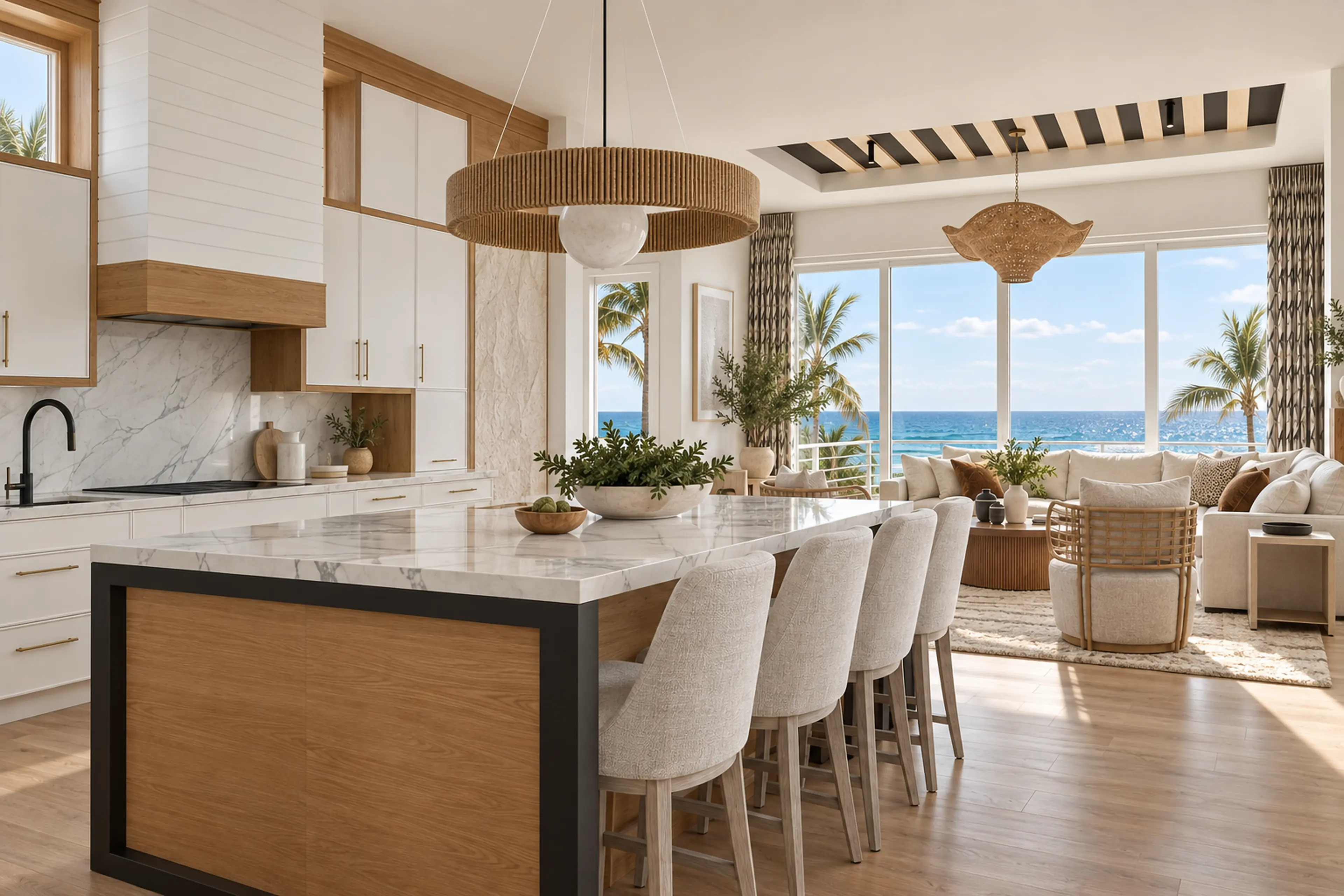 Supplemental kitchen view across the oak island toward the ocean-facing living room.