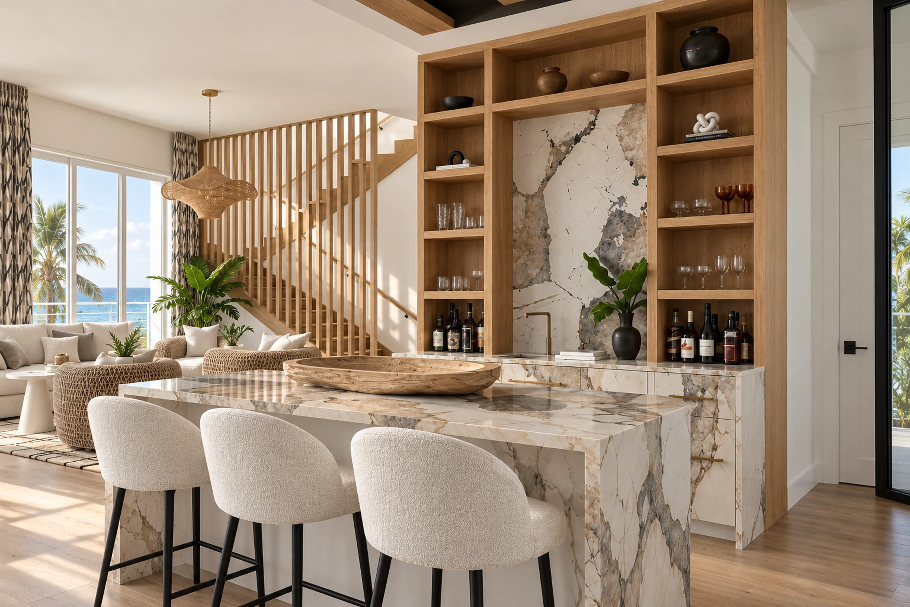 Supplemental three-quarter view of the stone bar beside the pale-oak slat staircase.