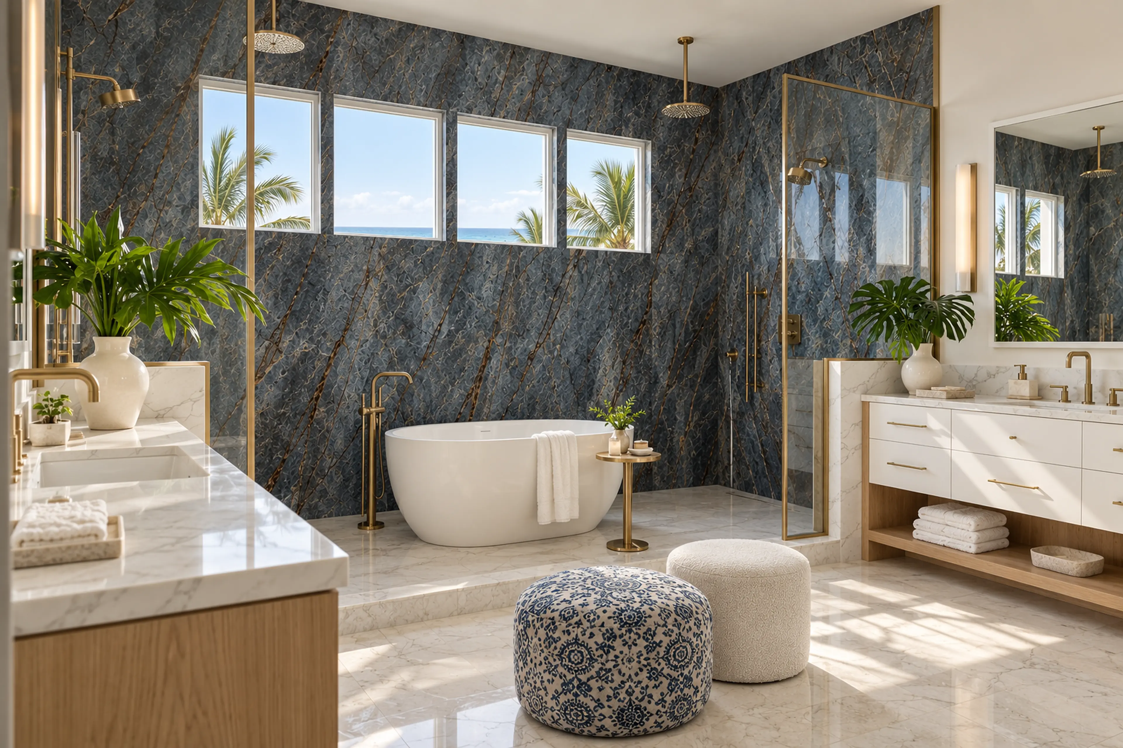 Supplemental diagonal bathroom view toward the freestanding tub and ocean-facing windows.