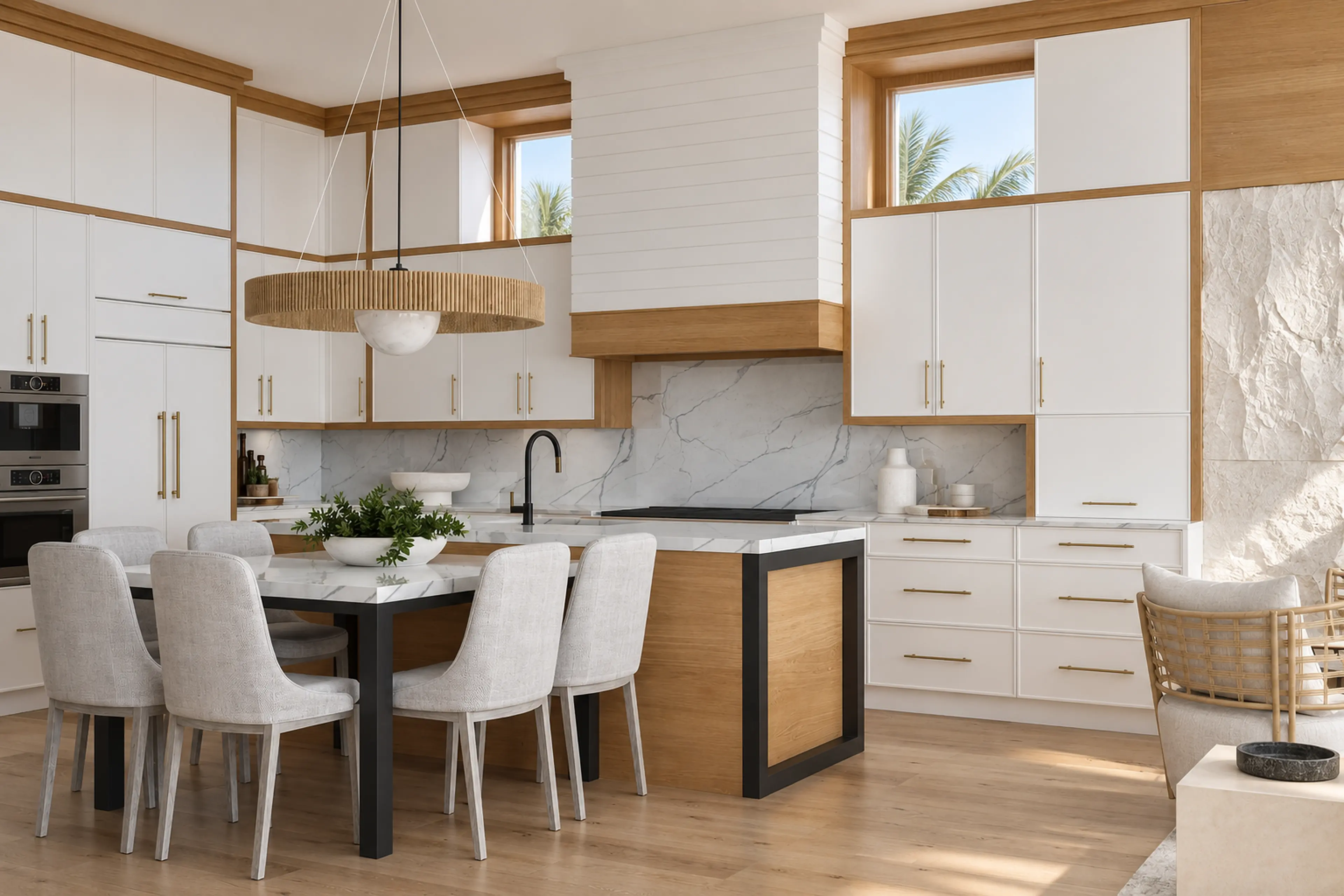 Photographic white-and-oak kitchen with a marble island and upholstered stools.