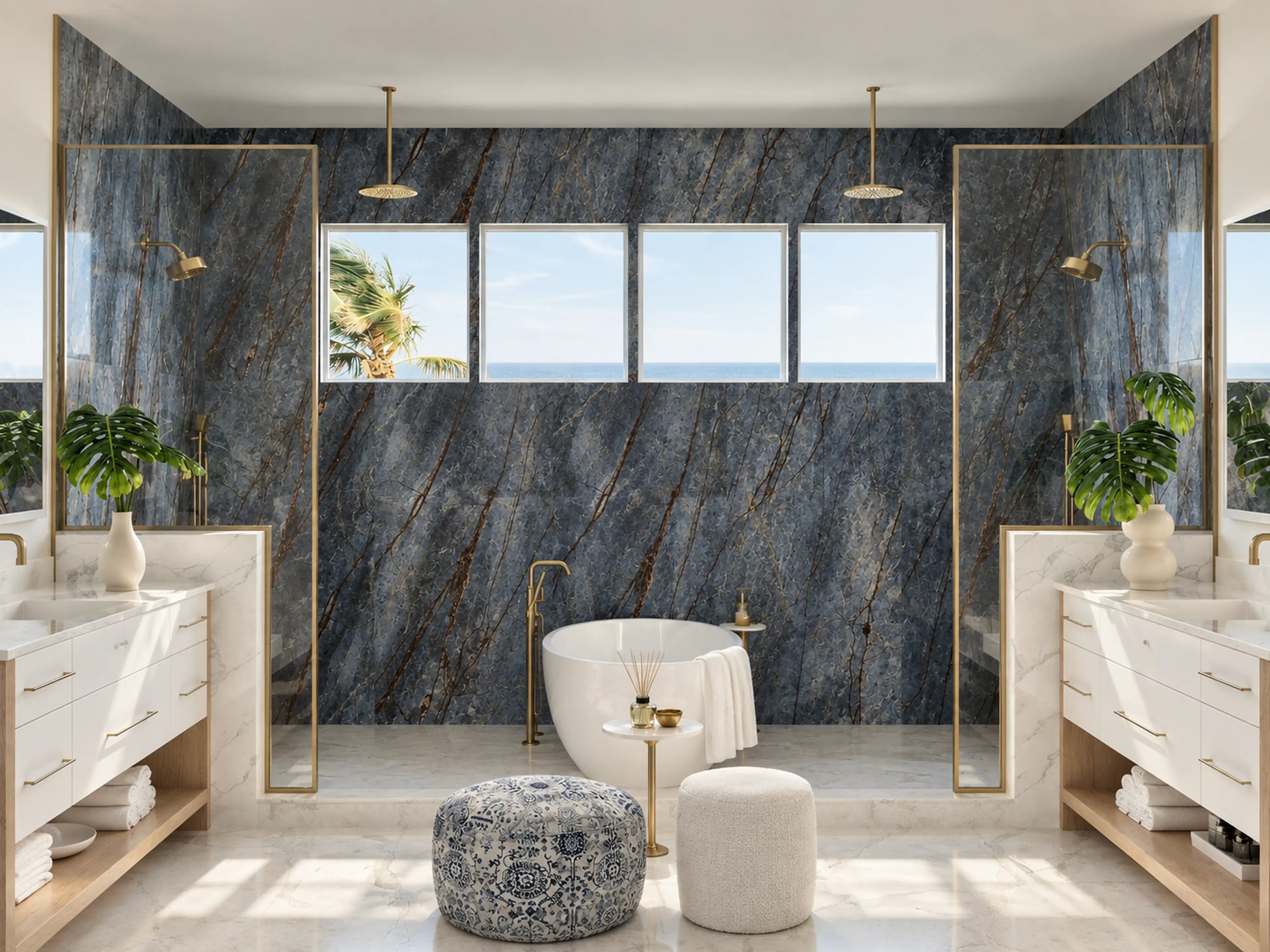 Photographic bathroom with dark blue-gray stone, a freestanding tub and double vanities.