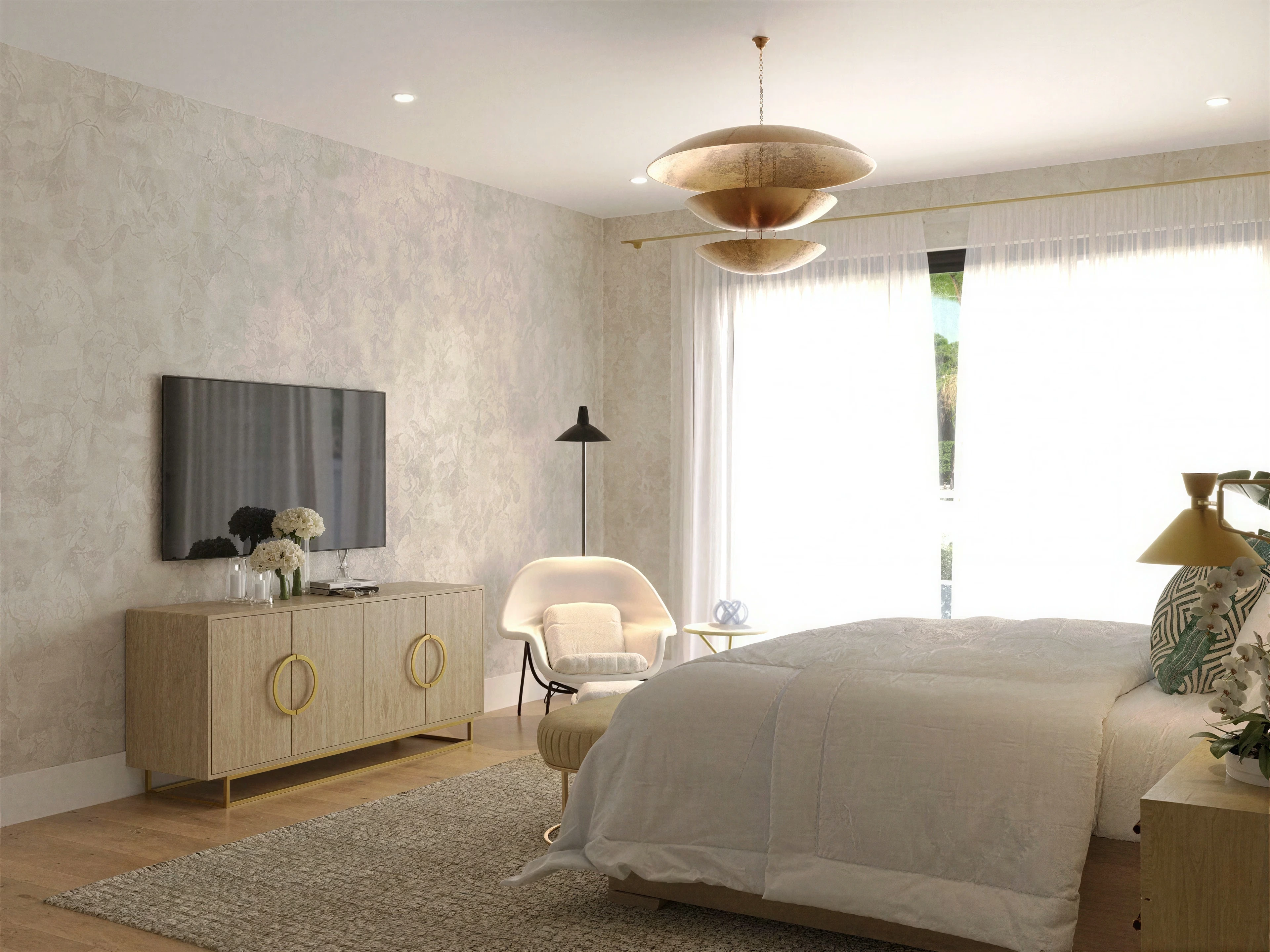Bedroom with a low dresser and window-side bed.
