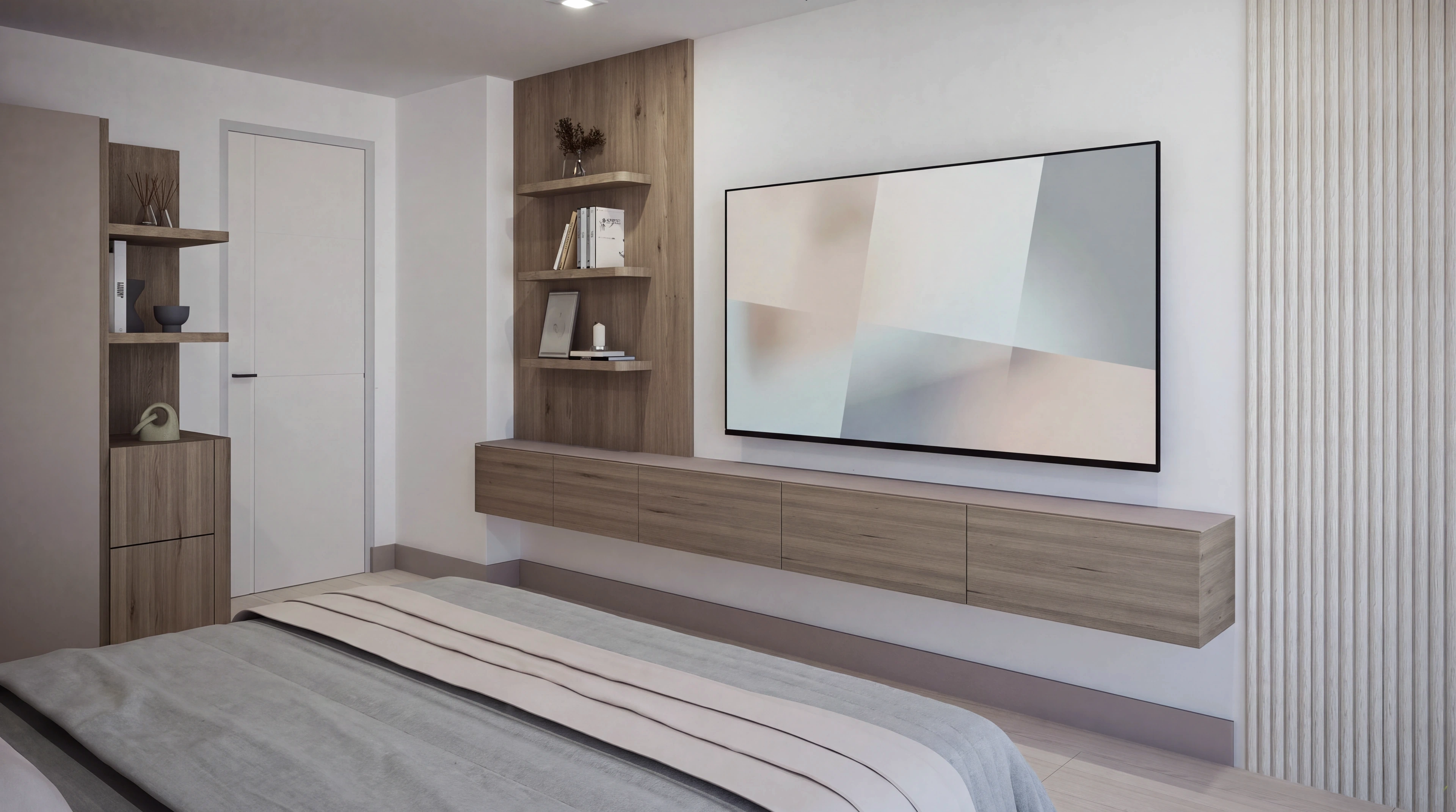 Bedroom television wall with vertical paneling and built-in shelves.