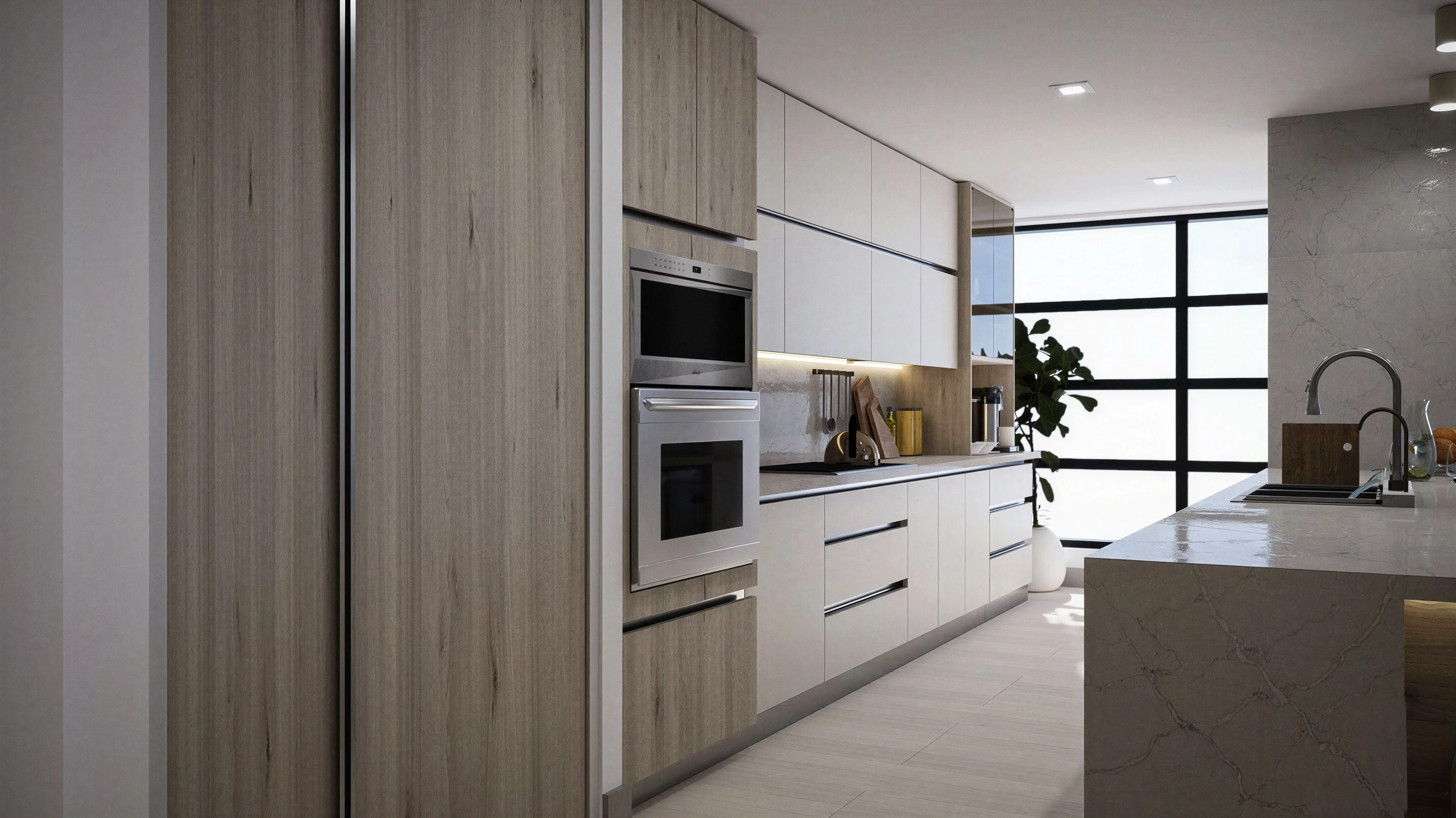 Kitchen with wood-toned cabinetry and a stone island.
