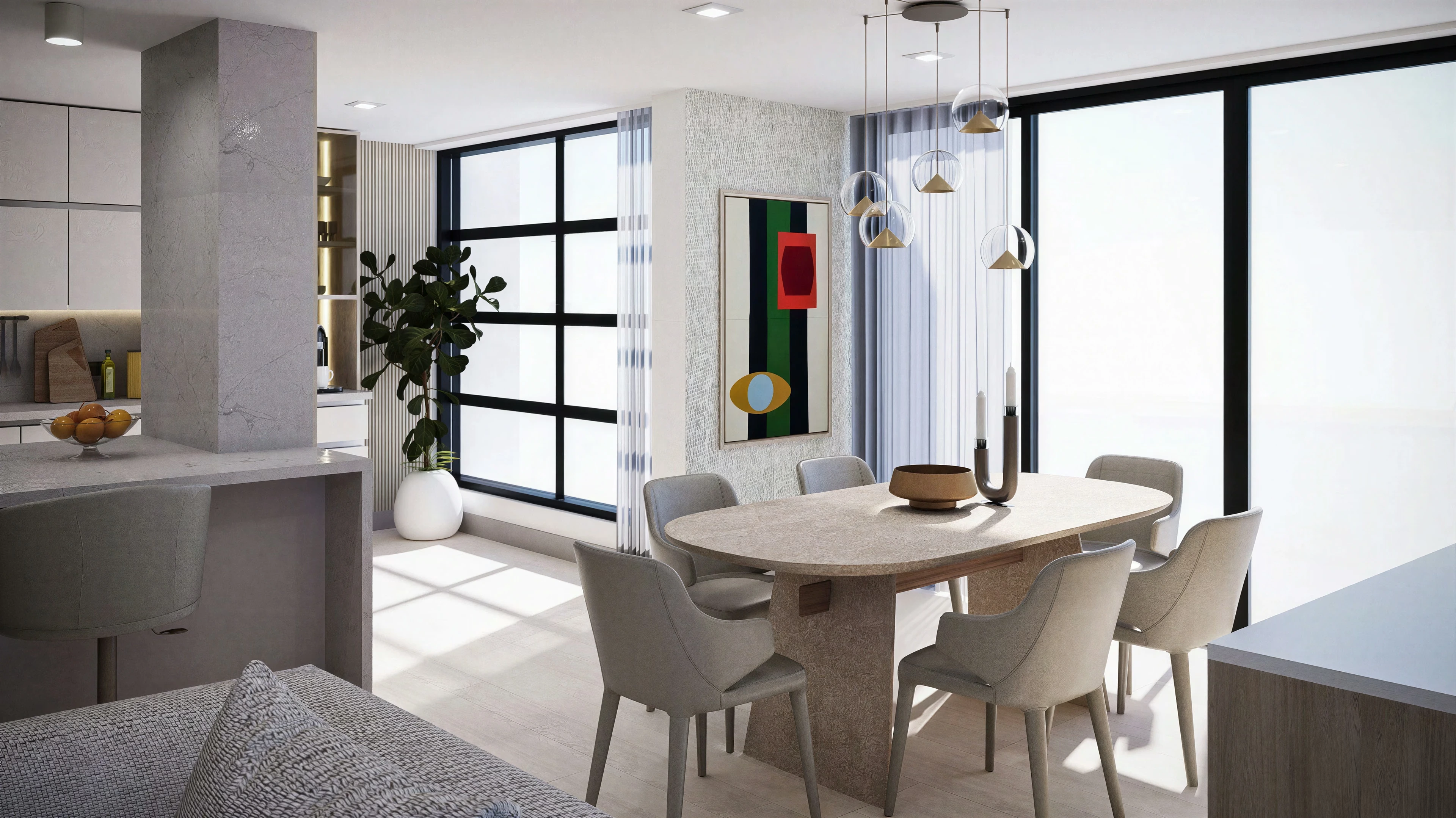 Dining area beside a bright kitchen and full-height window.