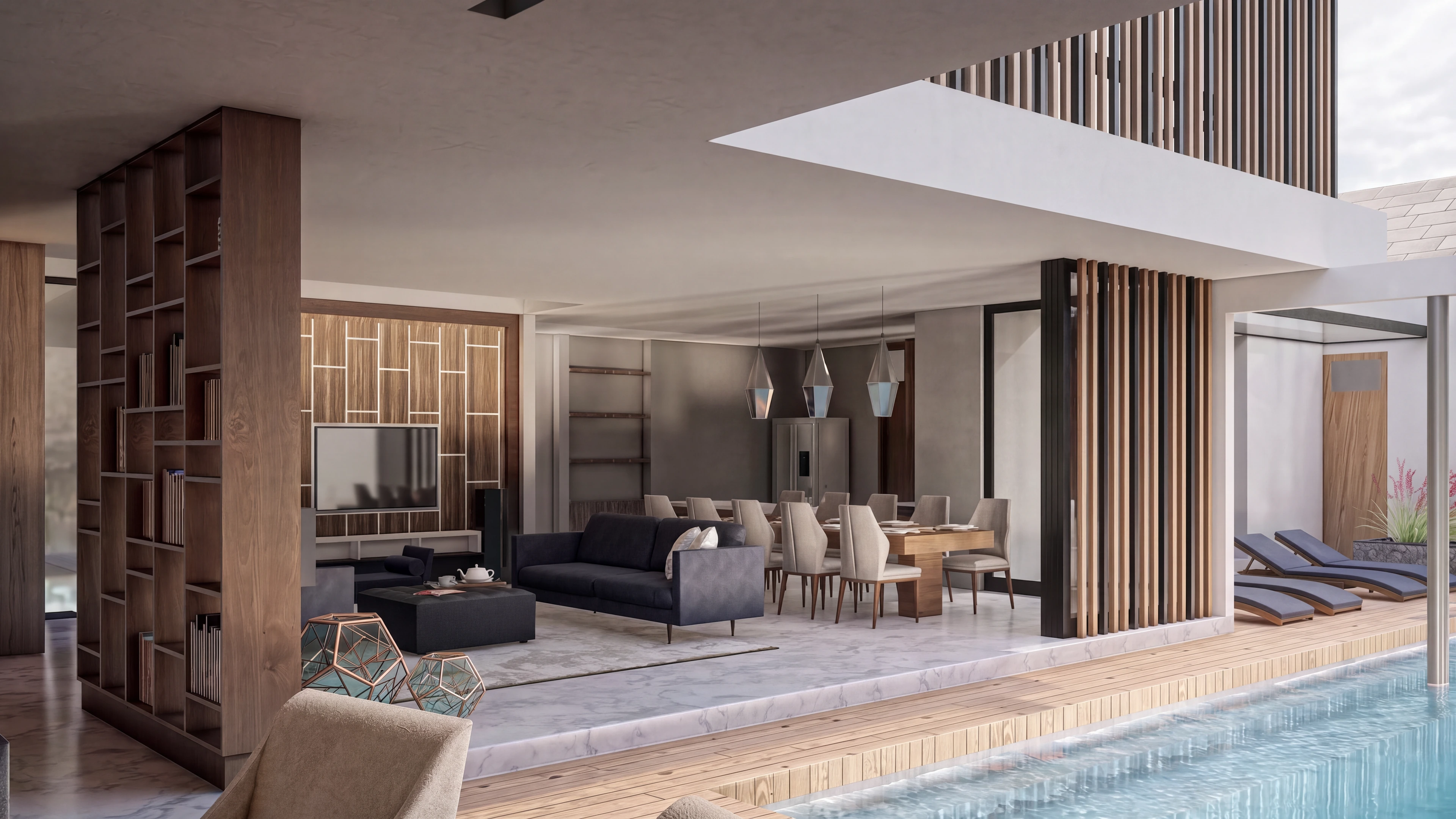 Poolside living area opening through broad sliding doors.