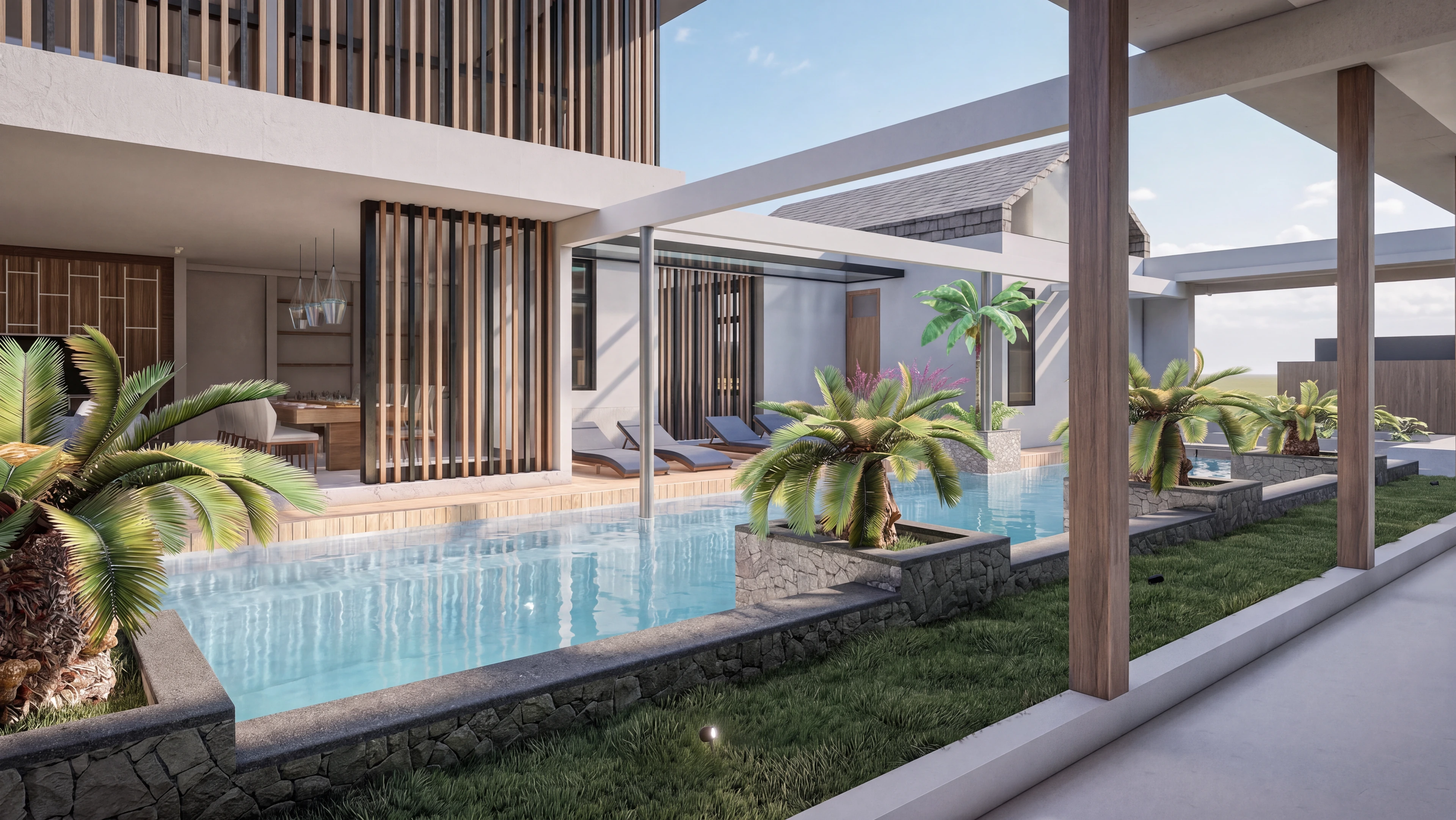 Courtyard pool beside wood screens and palm planting.