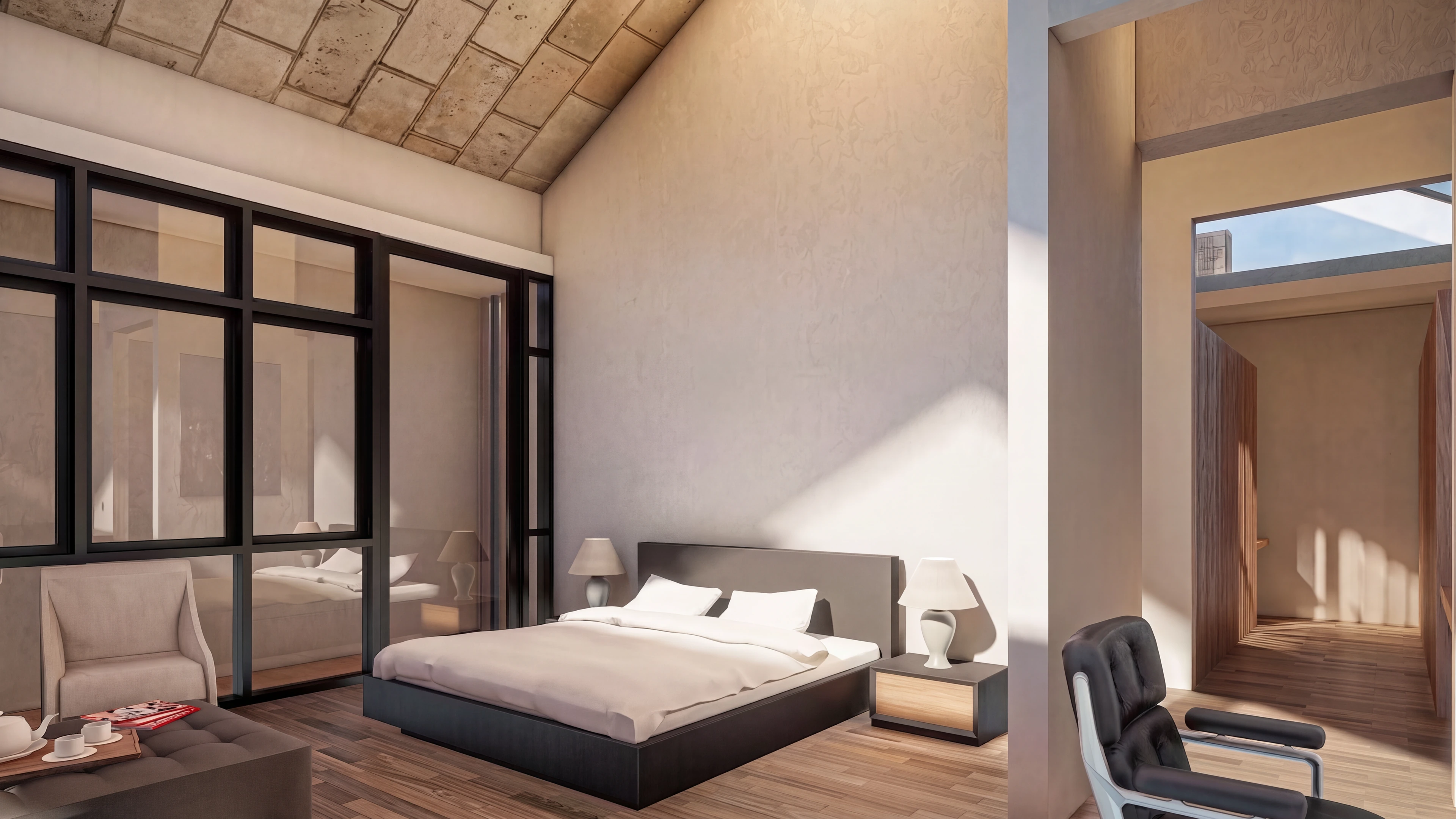 Bedroom with a pitched wood ceiling and garden-facing glazing.
