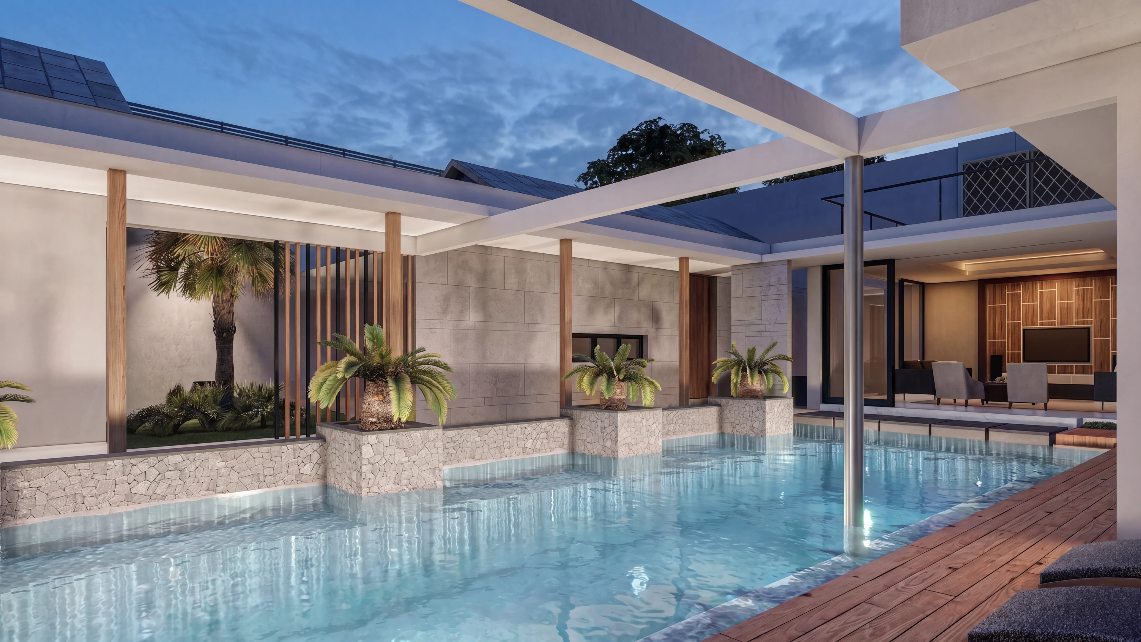 Courtyard pool surrounded by covered living areas.