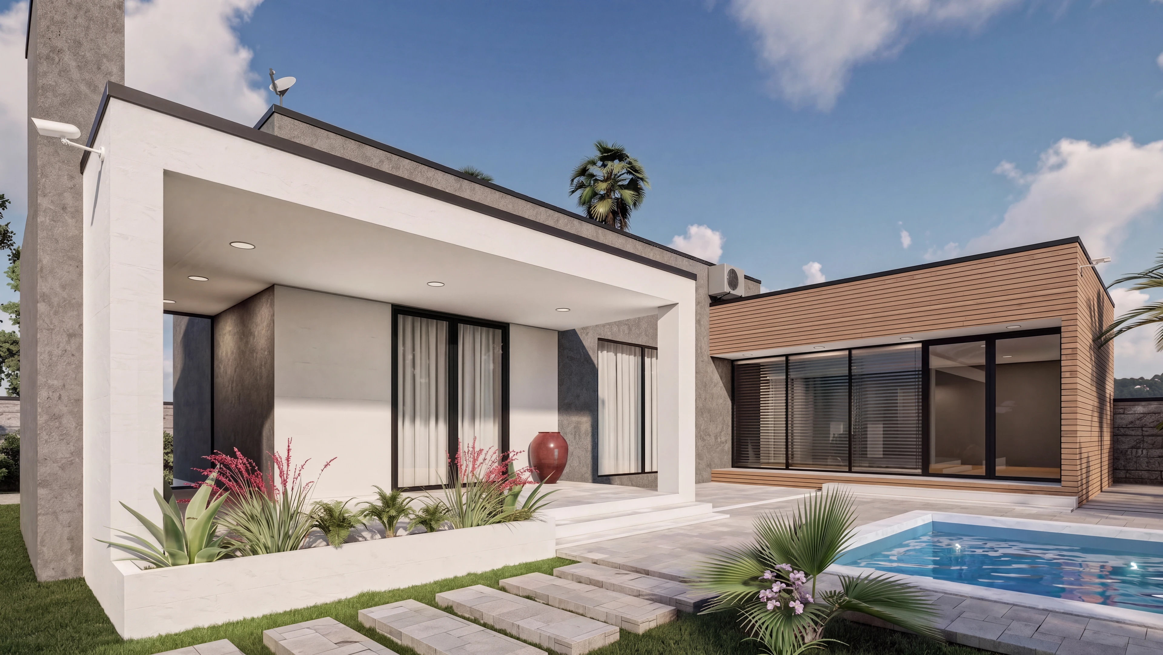 Backyard lounge area beside the pool and sliding glass doors.
