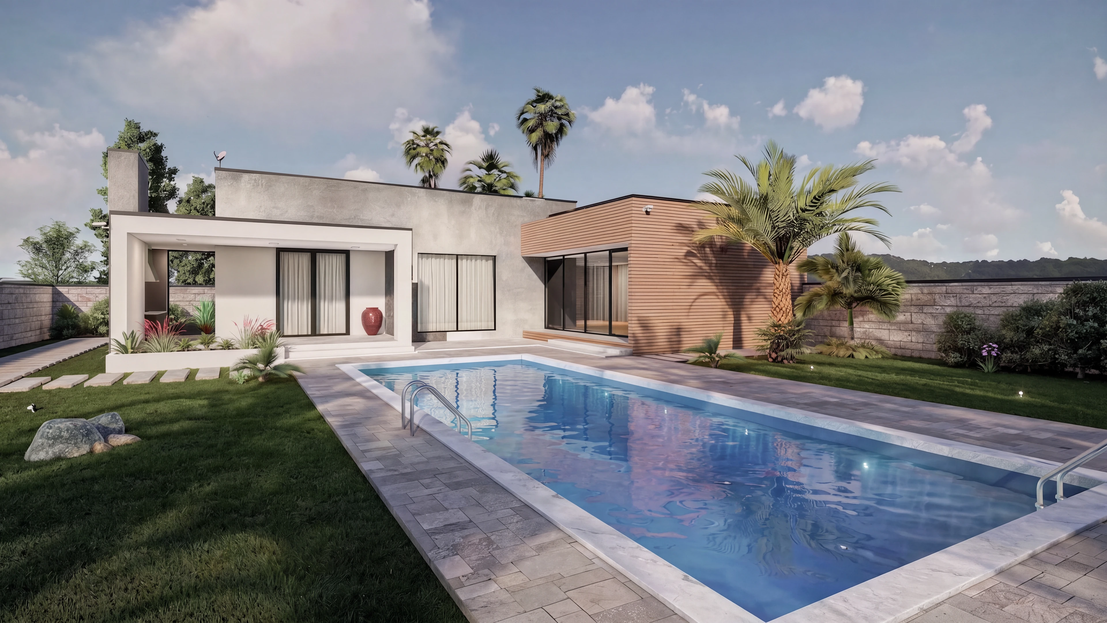Backyard pool terrace with pale paving and wood wall paneling.