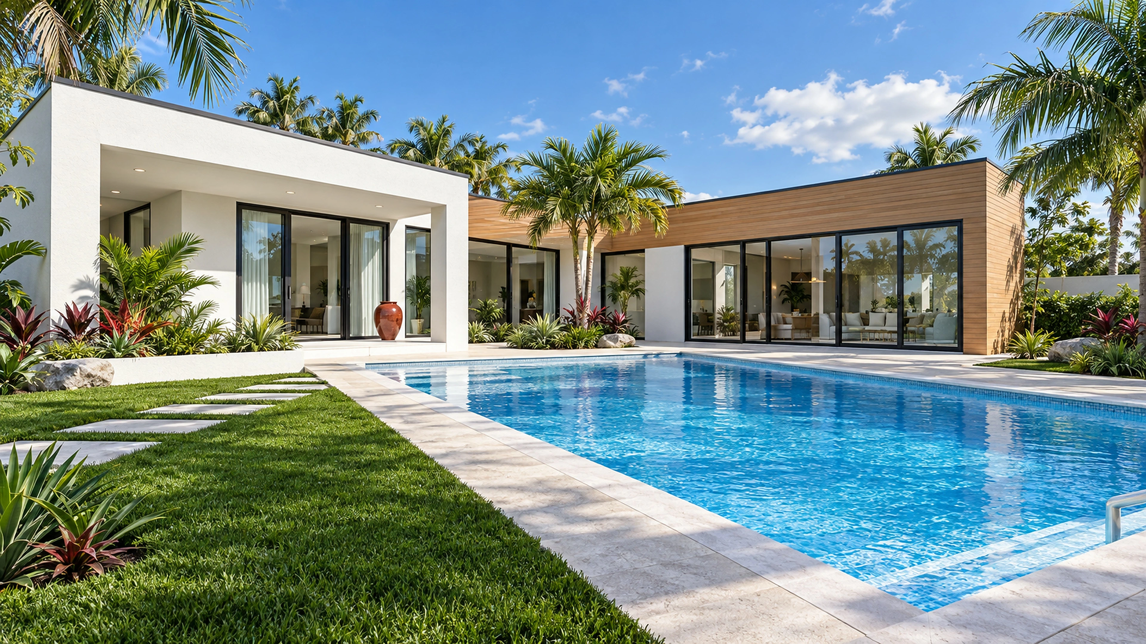 AI-generated illustration: Daytime pool courtyard with white stucco, wood cladding, and tropical landscaping.