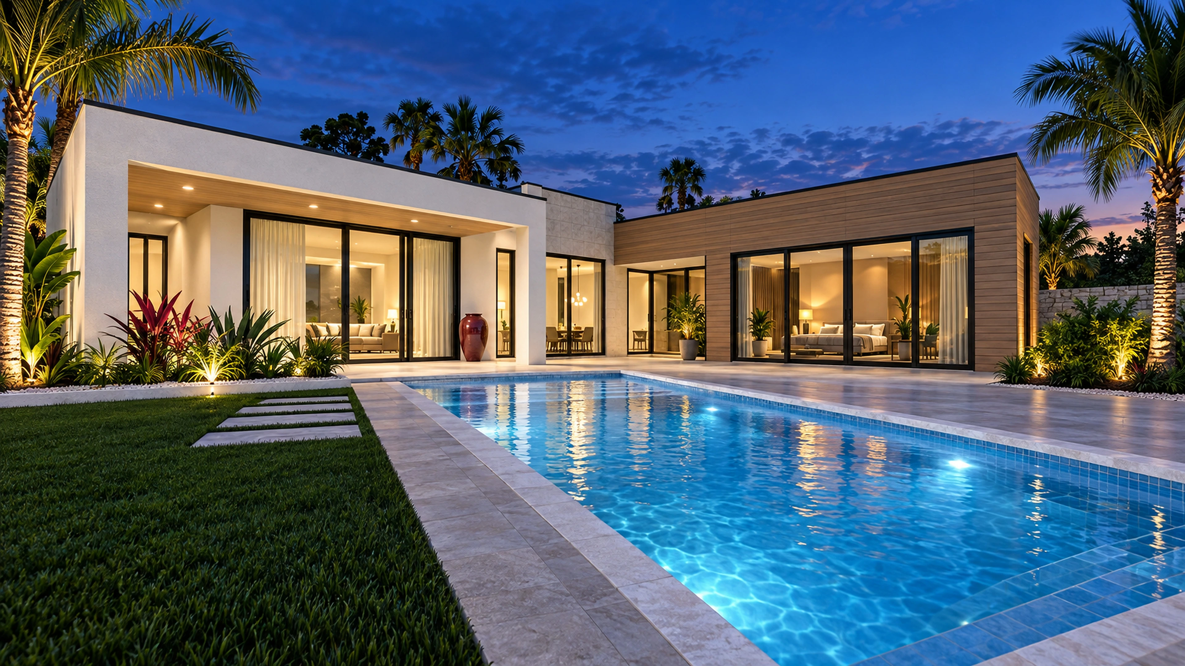 AI-generated illustration: Twilight view along the illuminated lap pool toward the modern courtyard home.