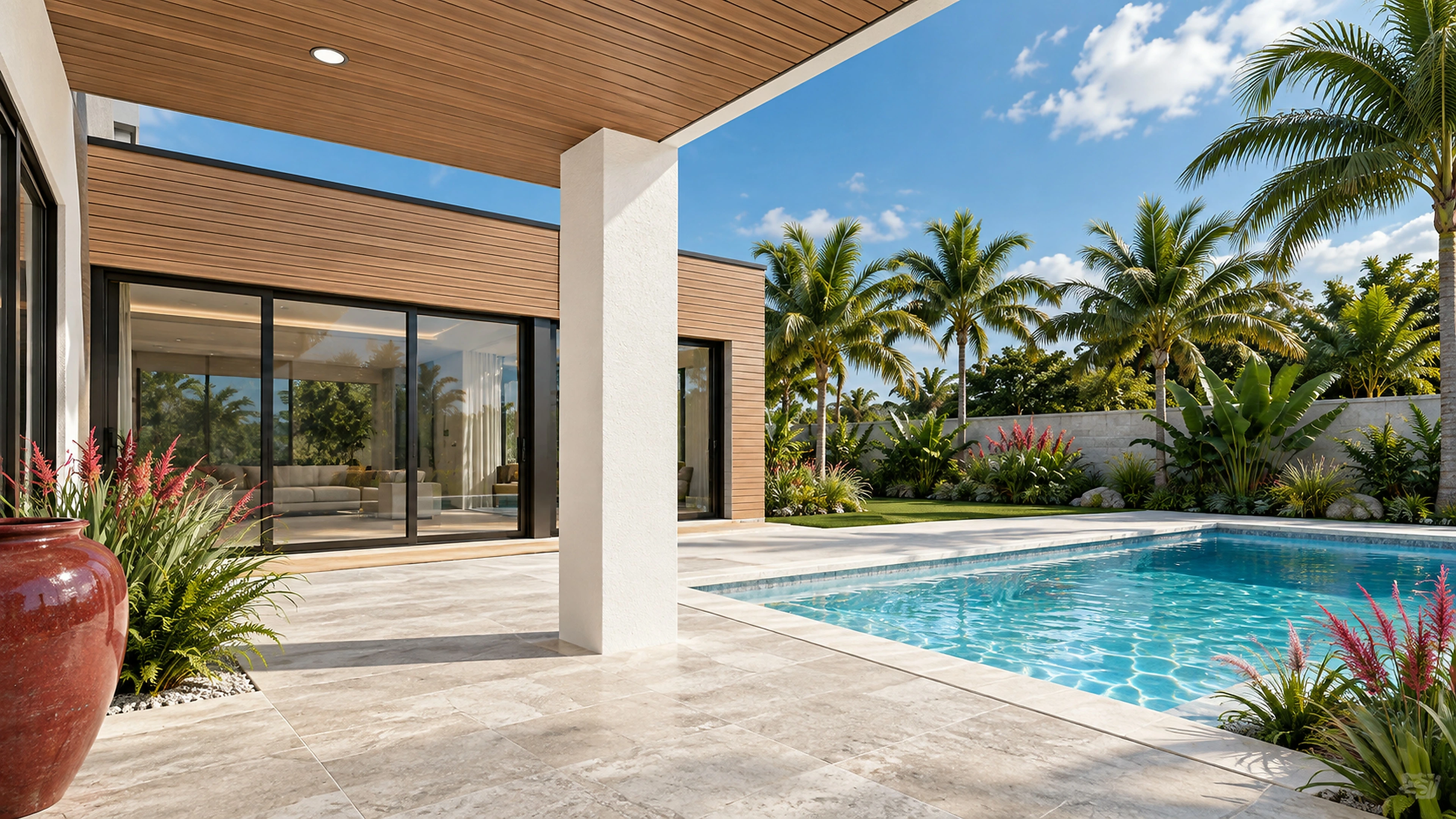 AI-generated illustration: Covered patio detail with limestone paving, wood soffit, glass doors, and pool edge.