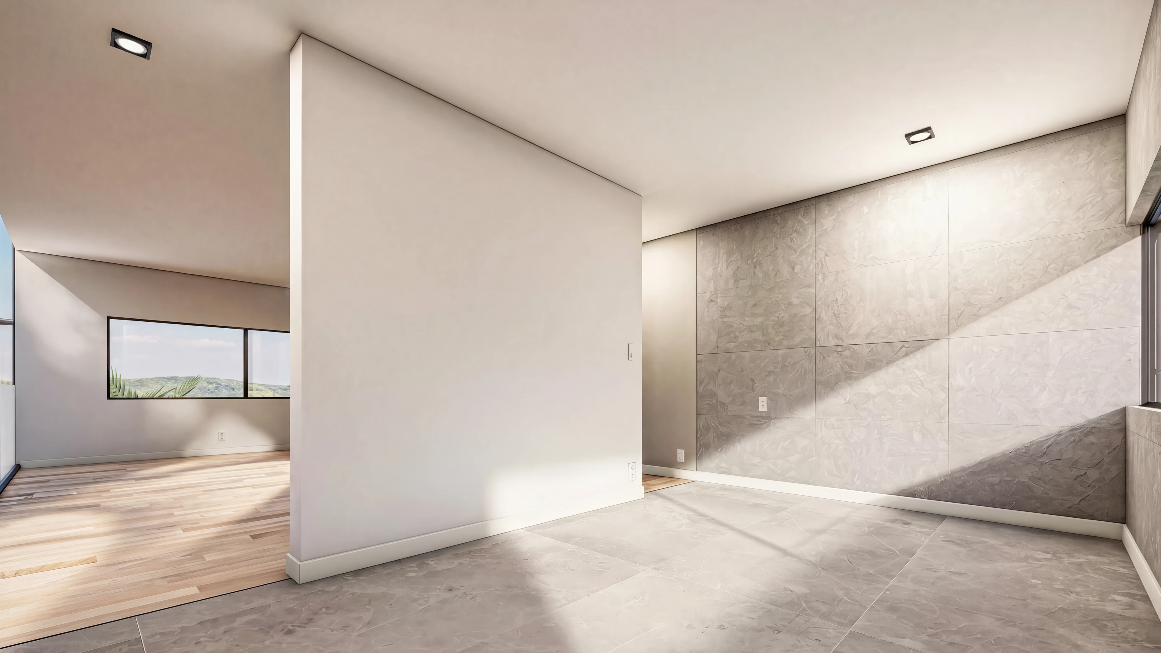 Unfurnished interior with pale walls and a broad stone floor.