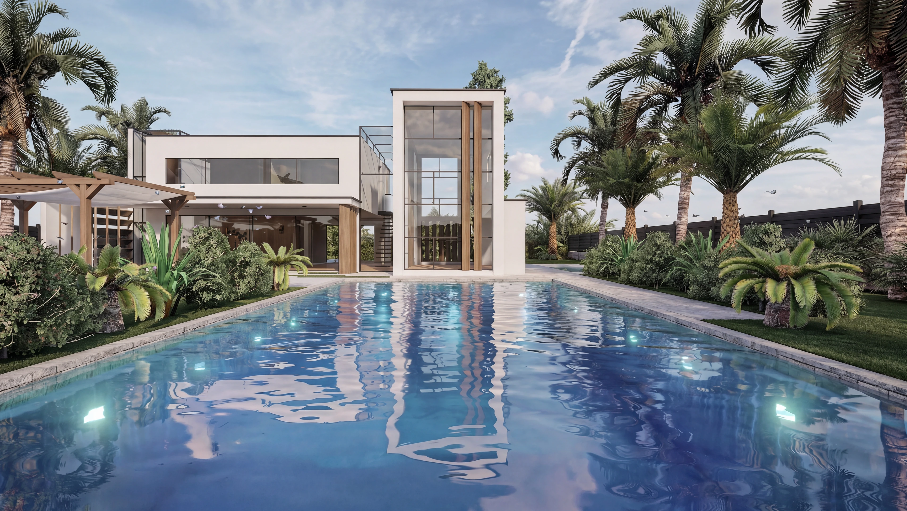 Long pool facing a modern home and landscaped garden.