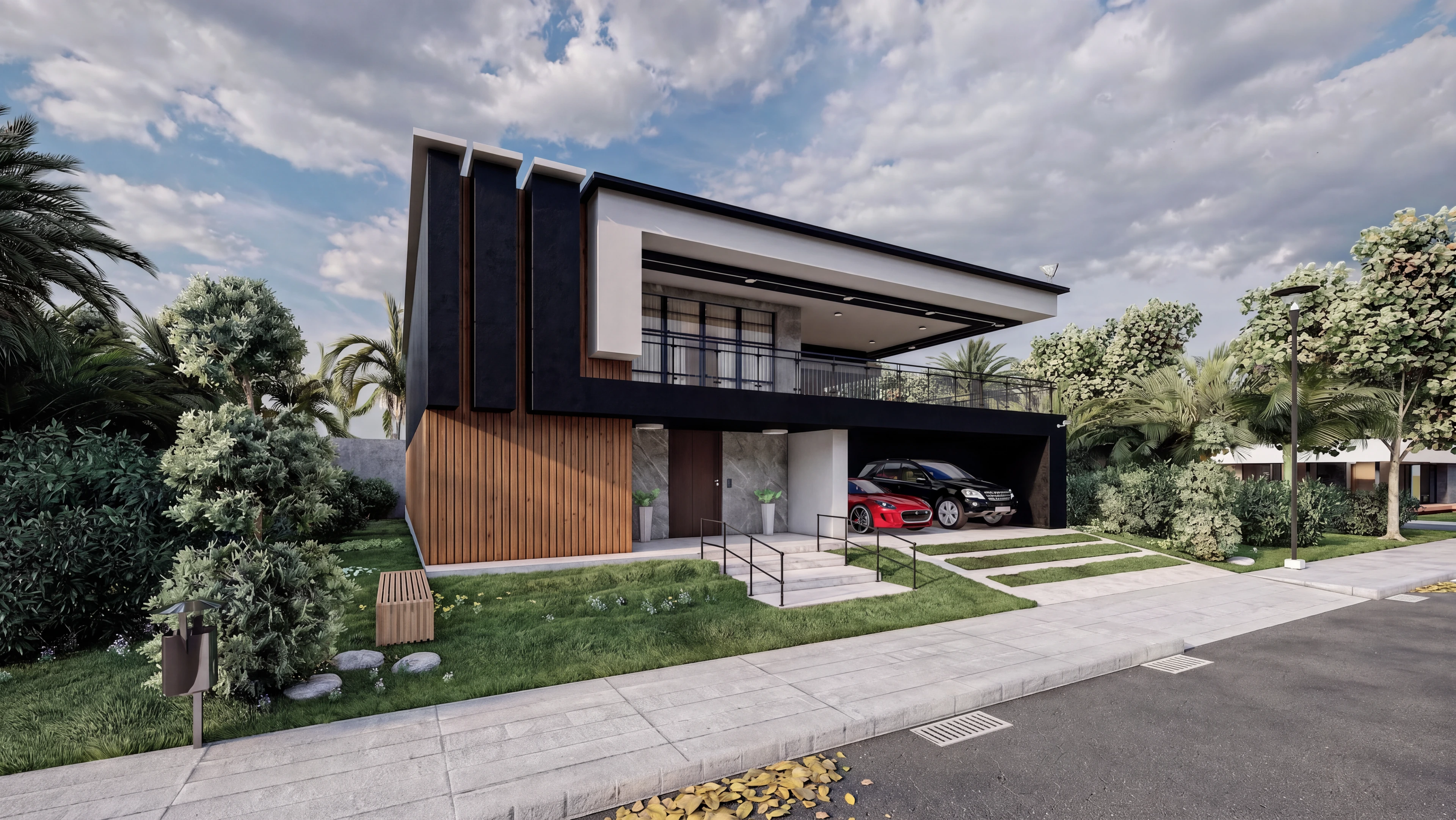 Street-side corner view with wood paneling and a landscaped slope.