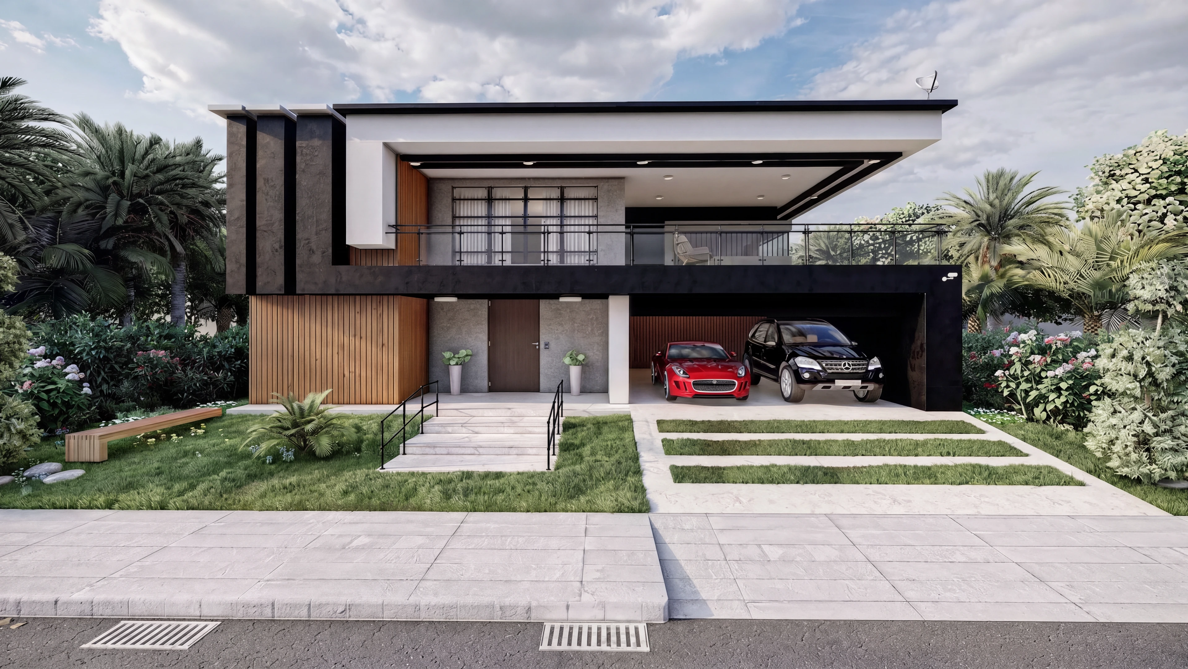 Front elevation with a broad balcony above the driveway.