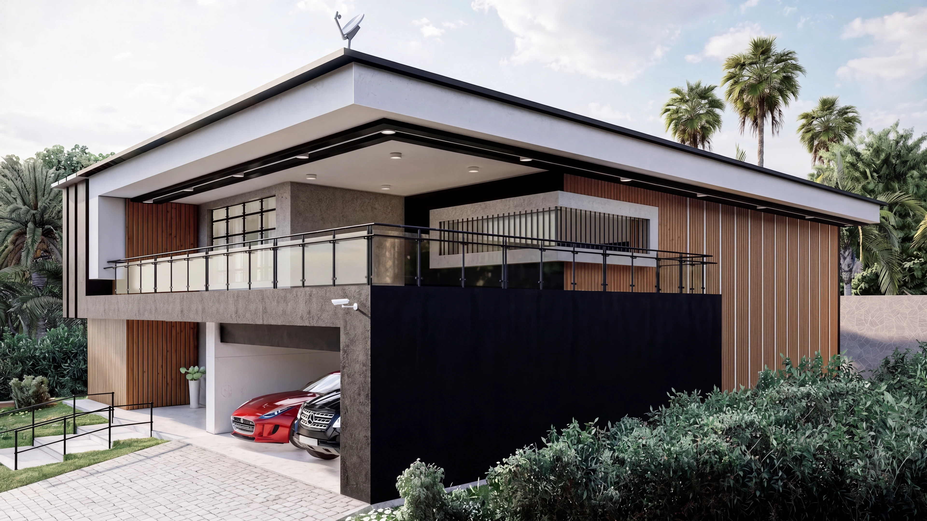 Corner view of the balcony and covered parking area.