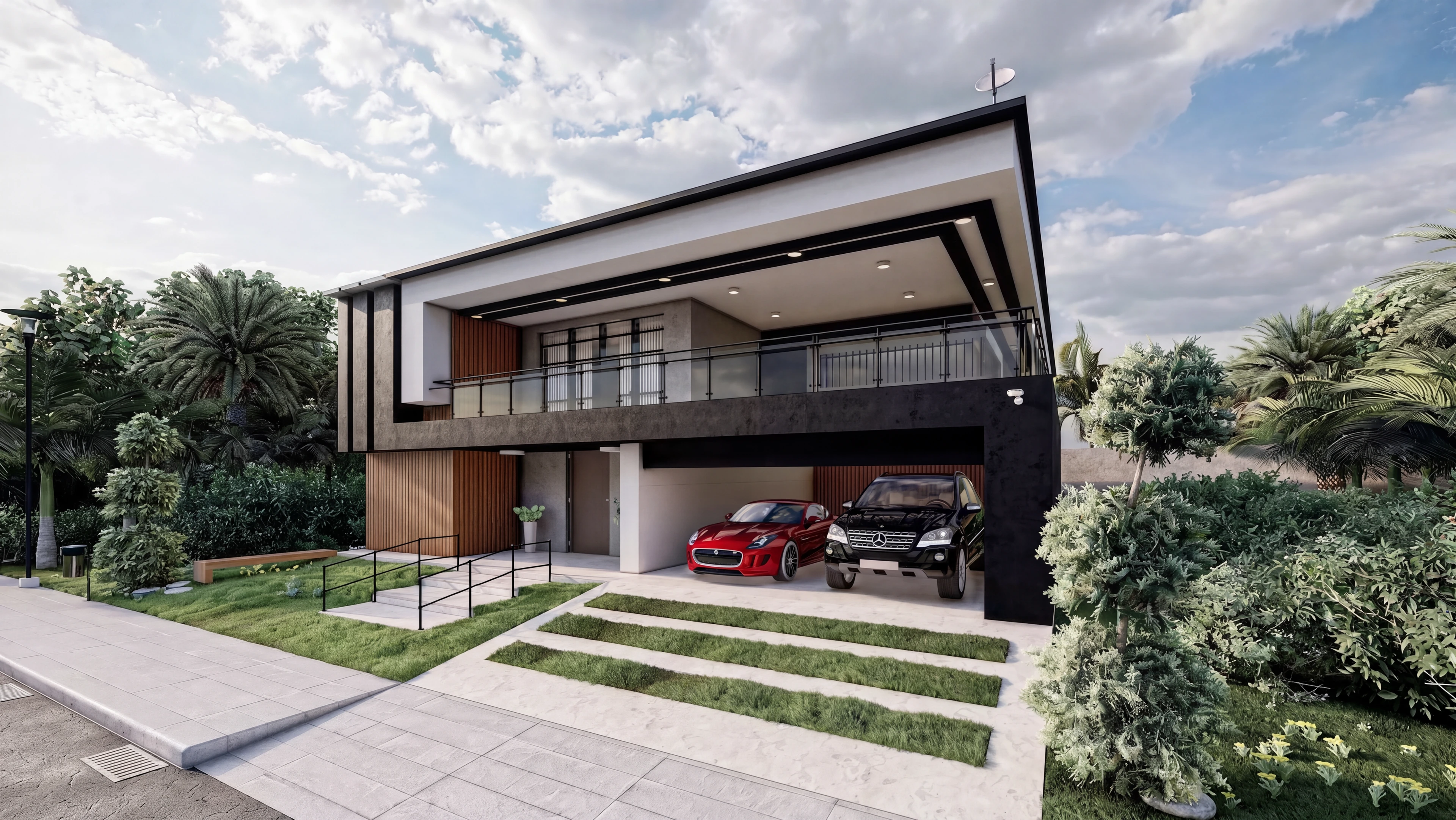 Modern two-story home with an upper balcony and covered parking.