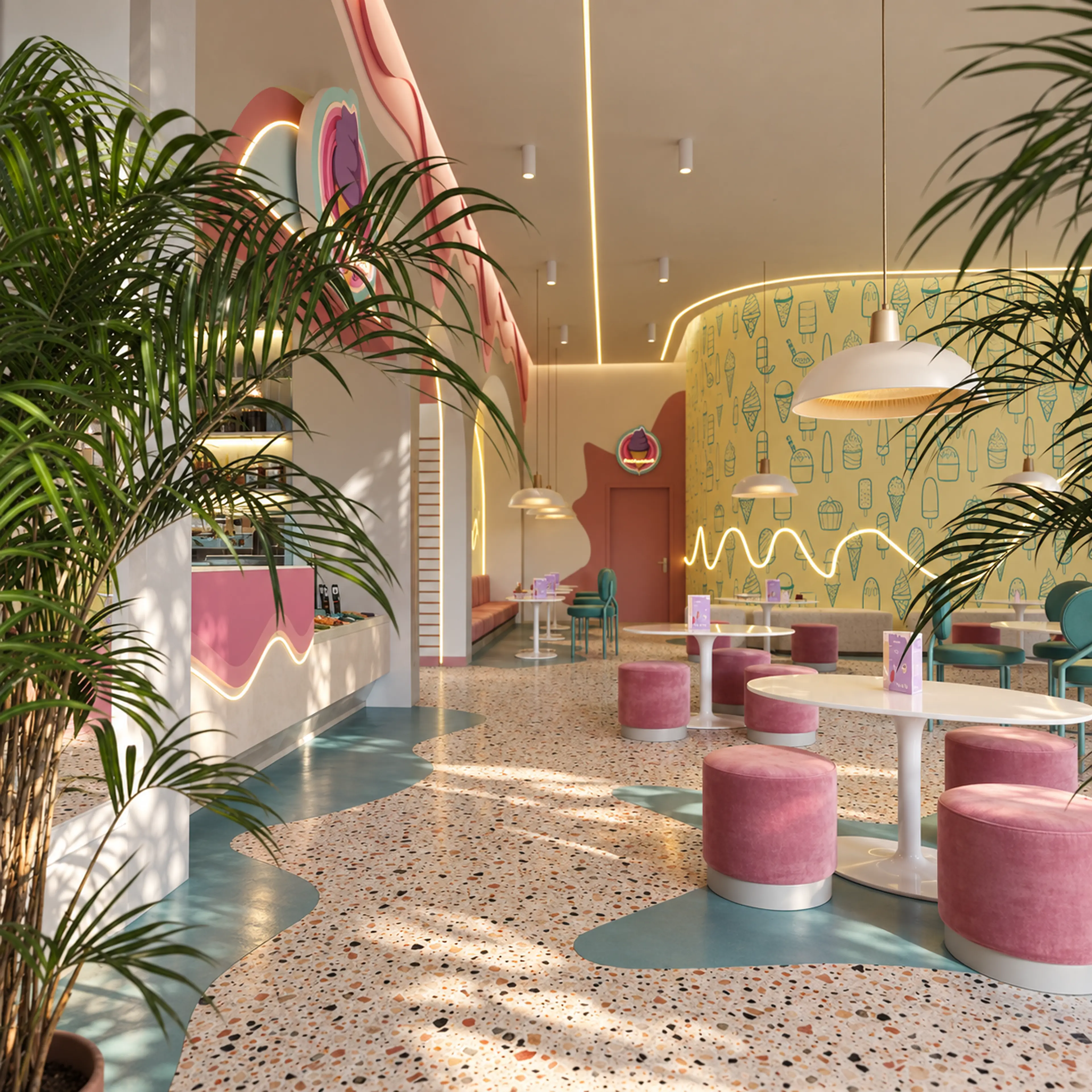 Long view through palms toward the service counter and illustrated feature wall.