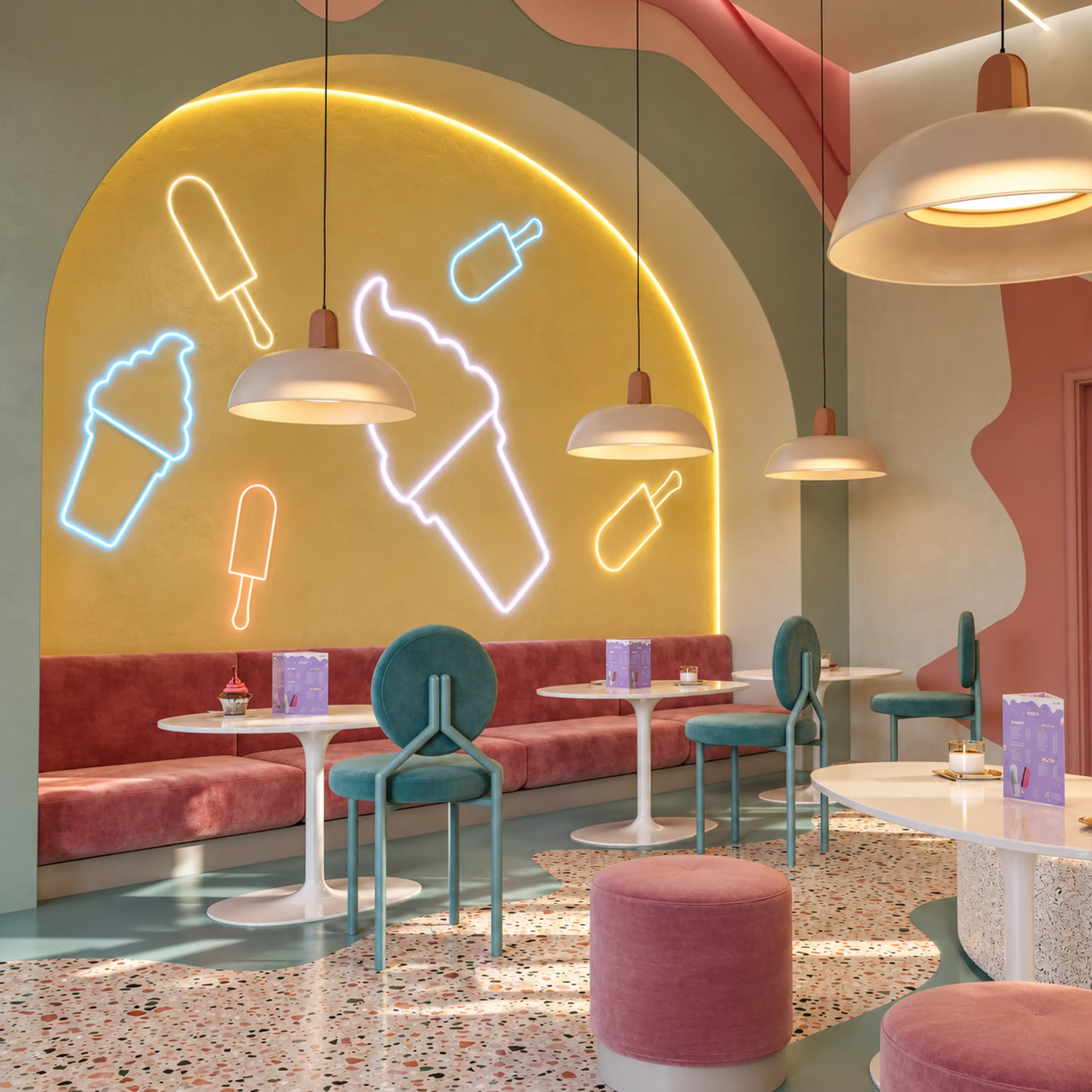 Neon feature wall above the curved pink banquette and café seating.
