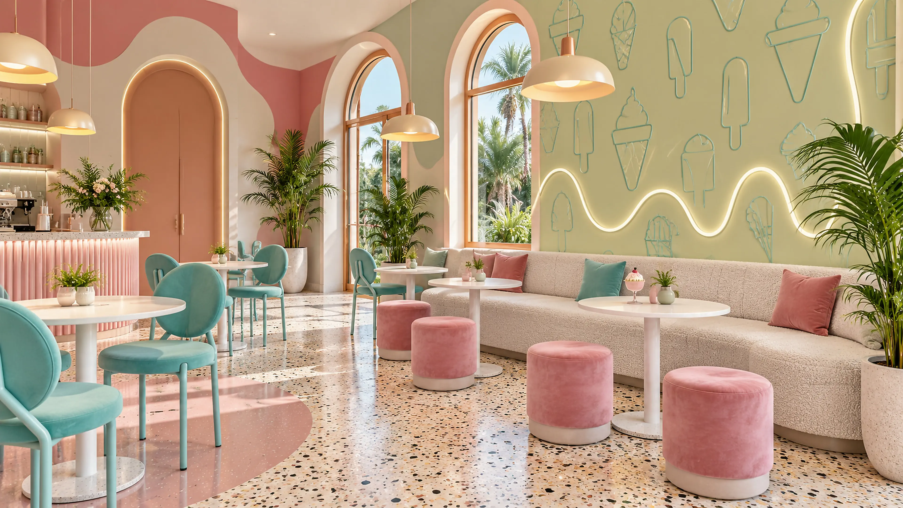 AI-generated illustration: Pastel banquette and café seating beside the shop’s tall windows.