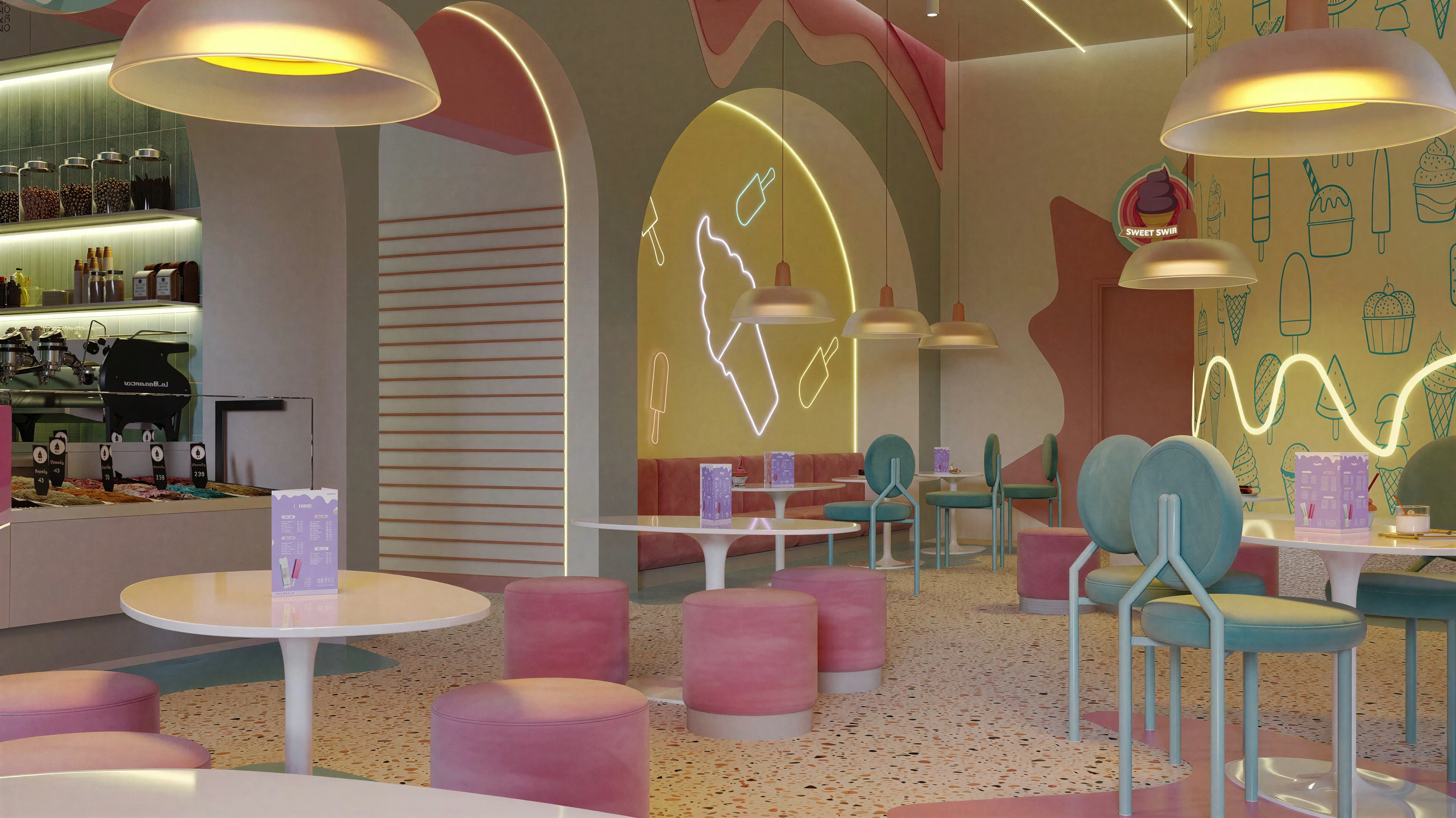 Wide interior view of the ice cream shop and service counter.