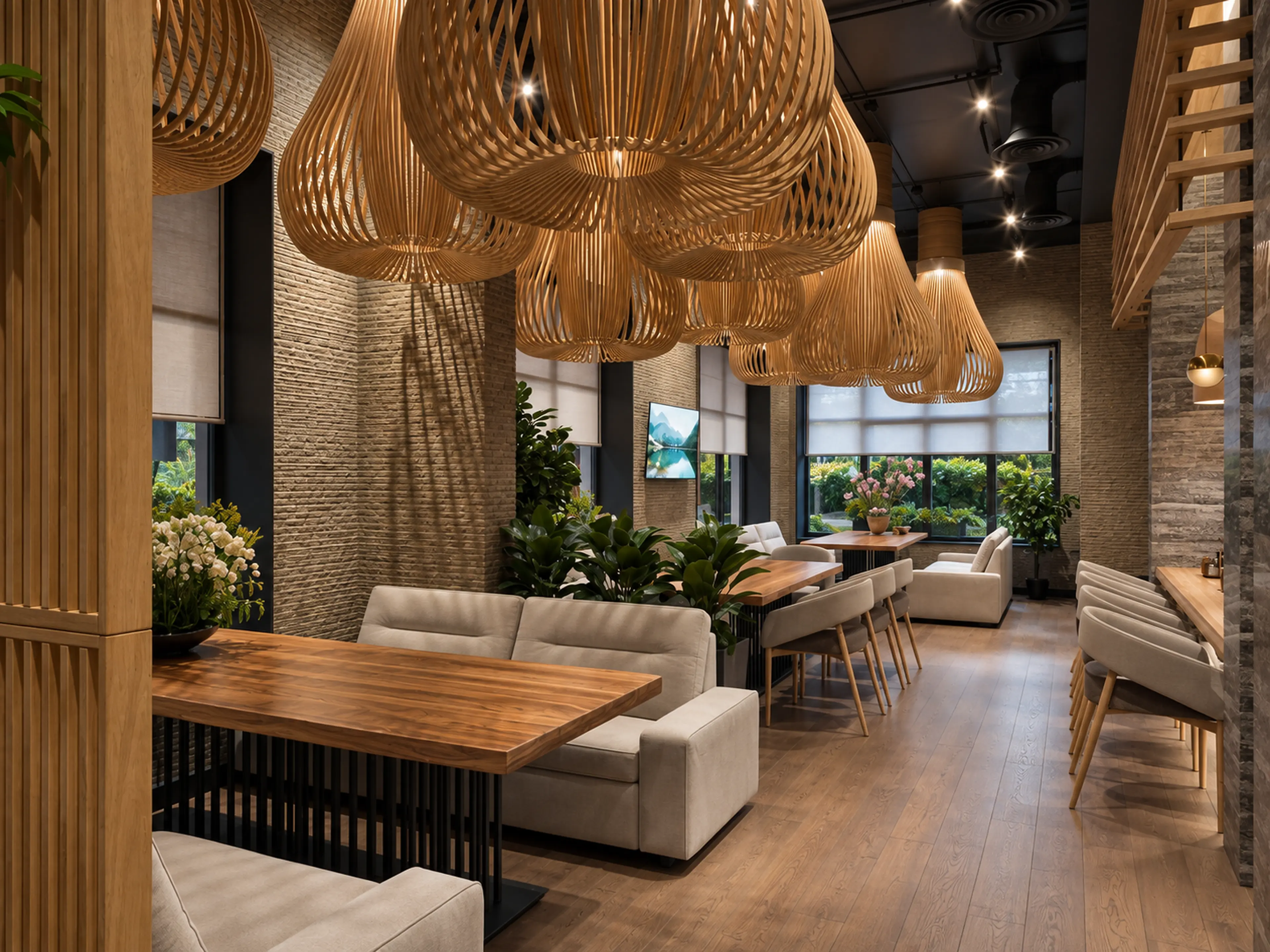 Photographic booth dining beneath layered woven pendants.