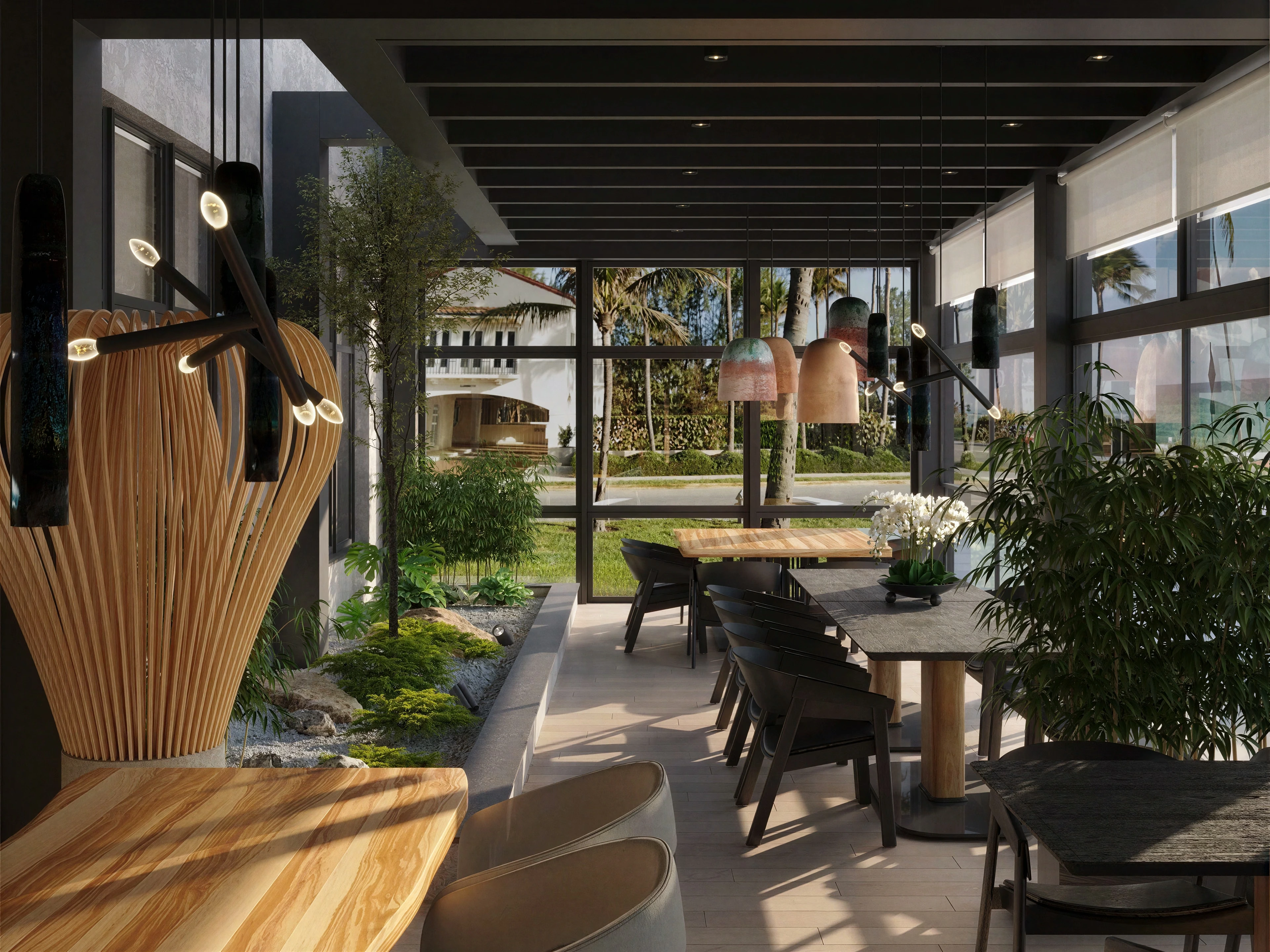 Window-side dining with wood tables, sculptural lighting and indoor planting.