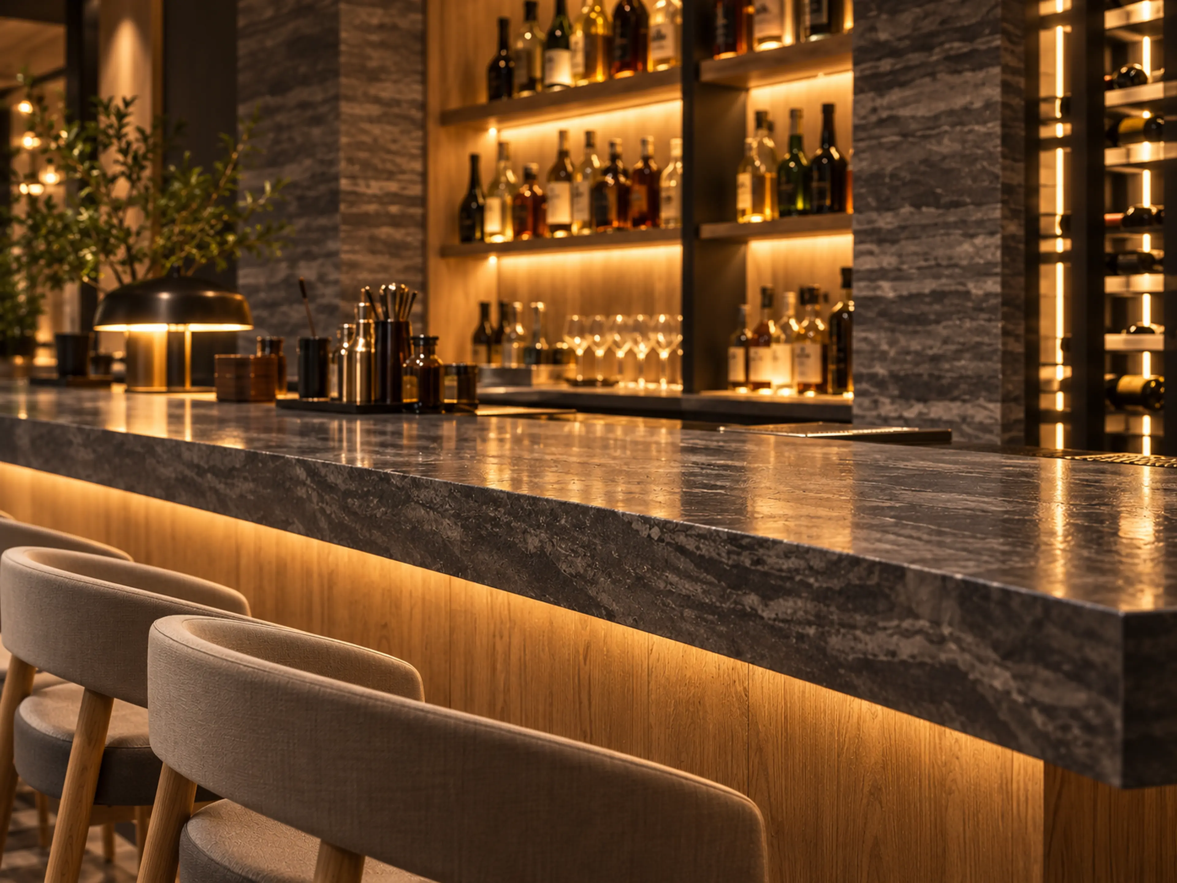 Supplemental Japanese Steak House project study of the illuminated stone bar edge and backlit bottle-display millwork.