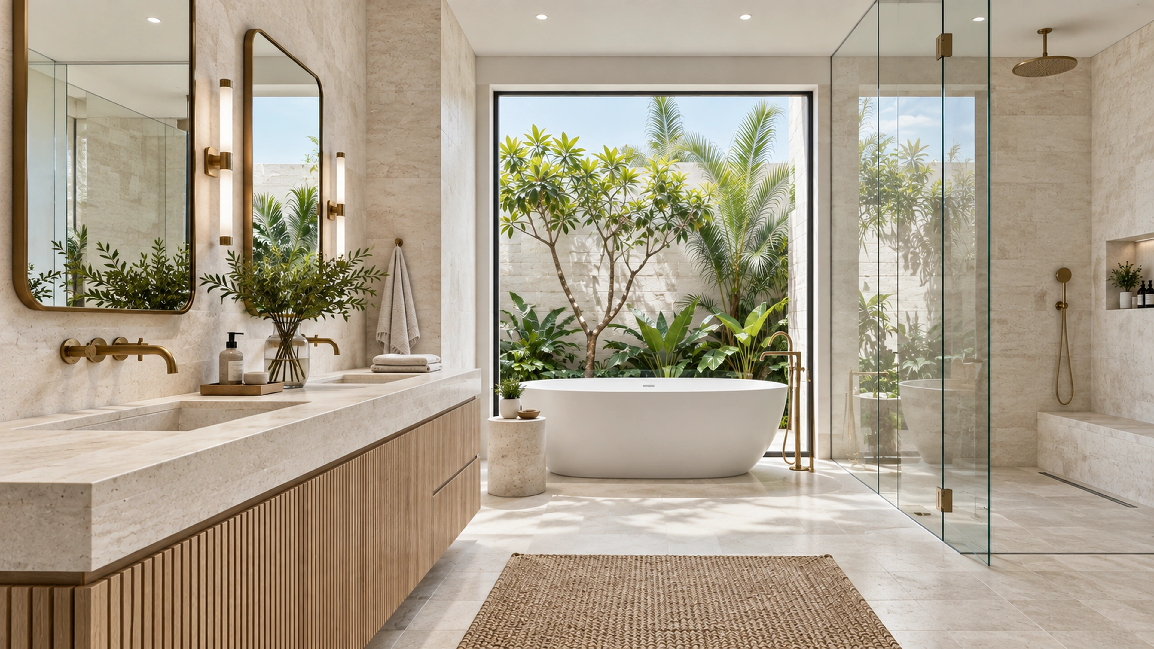 Limestone Bathroom — vanity and material details; design-concept visualization.