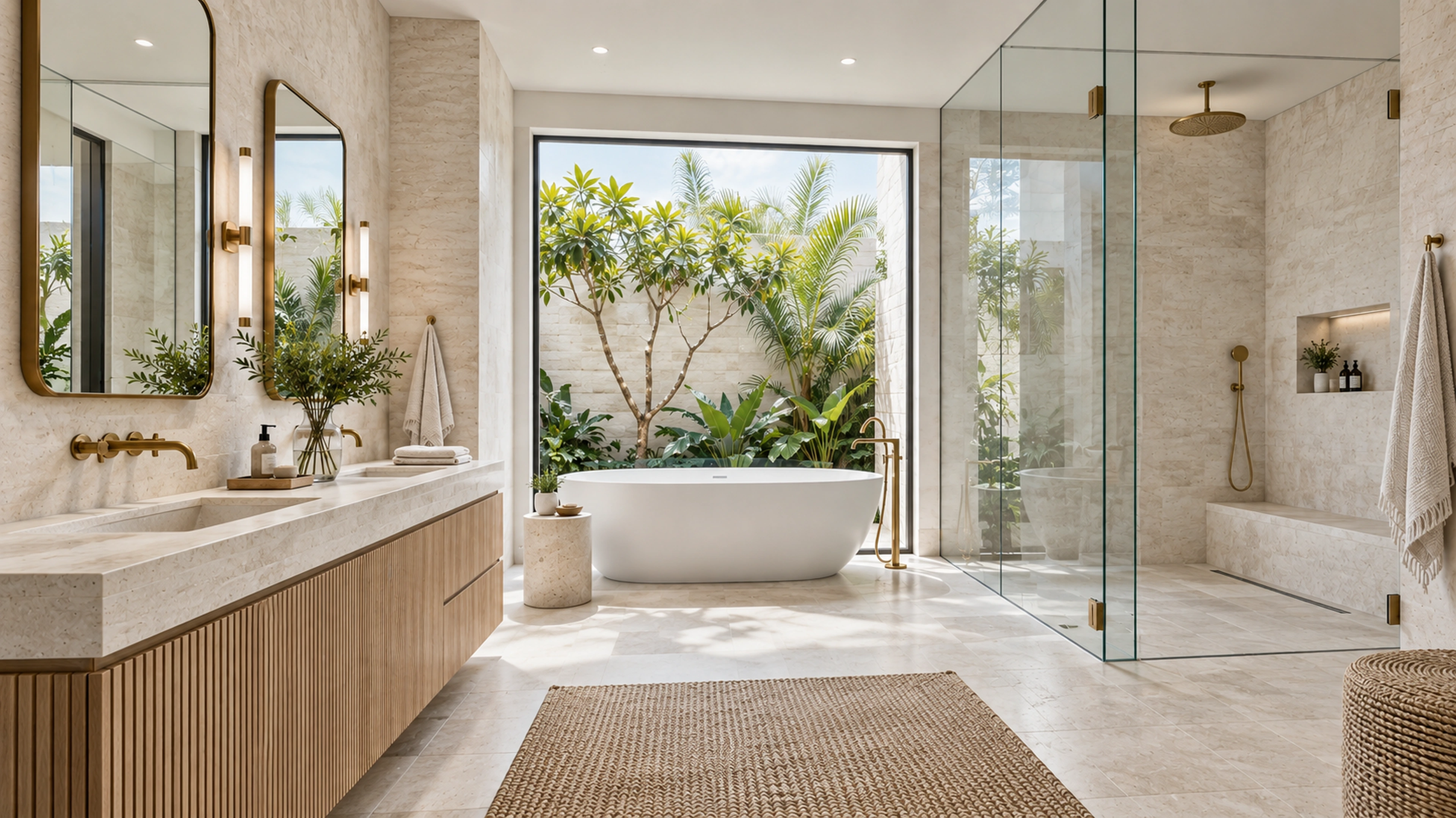 Limestone Bathroom — shower and bathing; design-concept visualization.